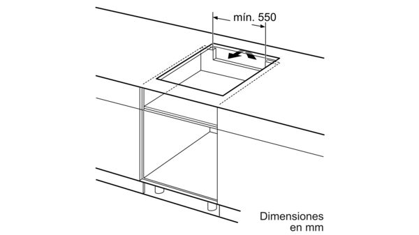 Esquema en blanco y negro de una encimera con una placa de cocción empotrada, con dimensiones indicadas.