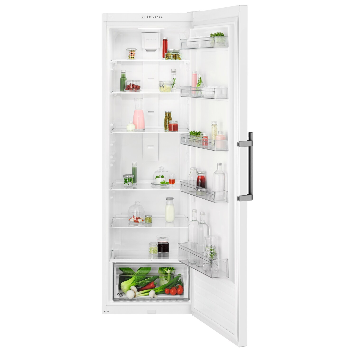 A white refrigerator with the door open, filled with food items.