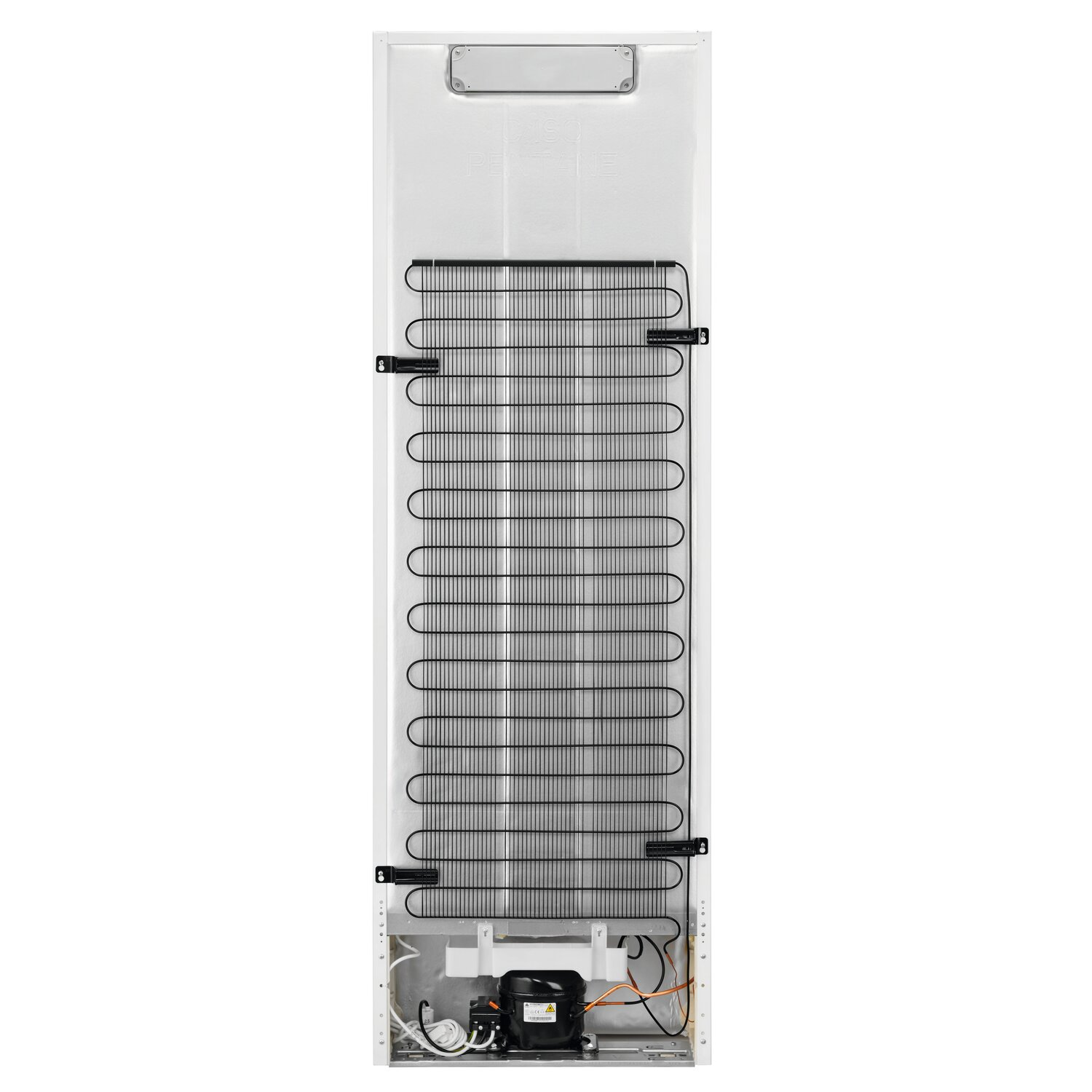 The back of a white refrigerator, showing the cooling coils and compressor components.