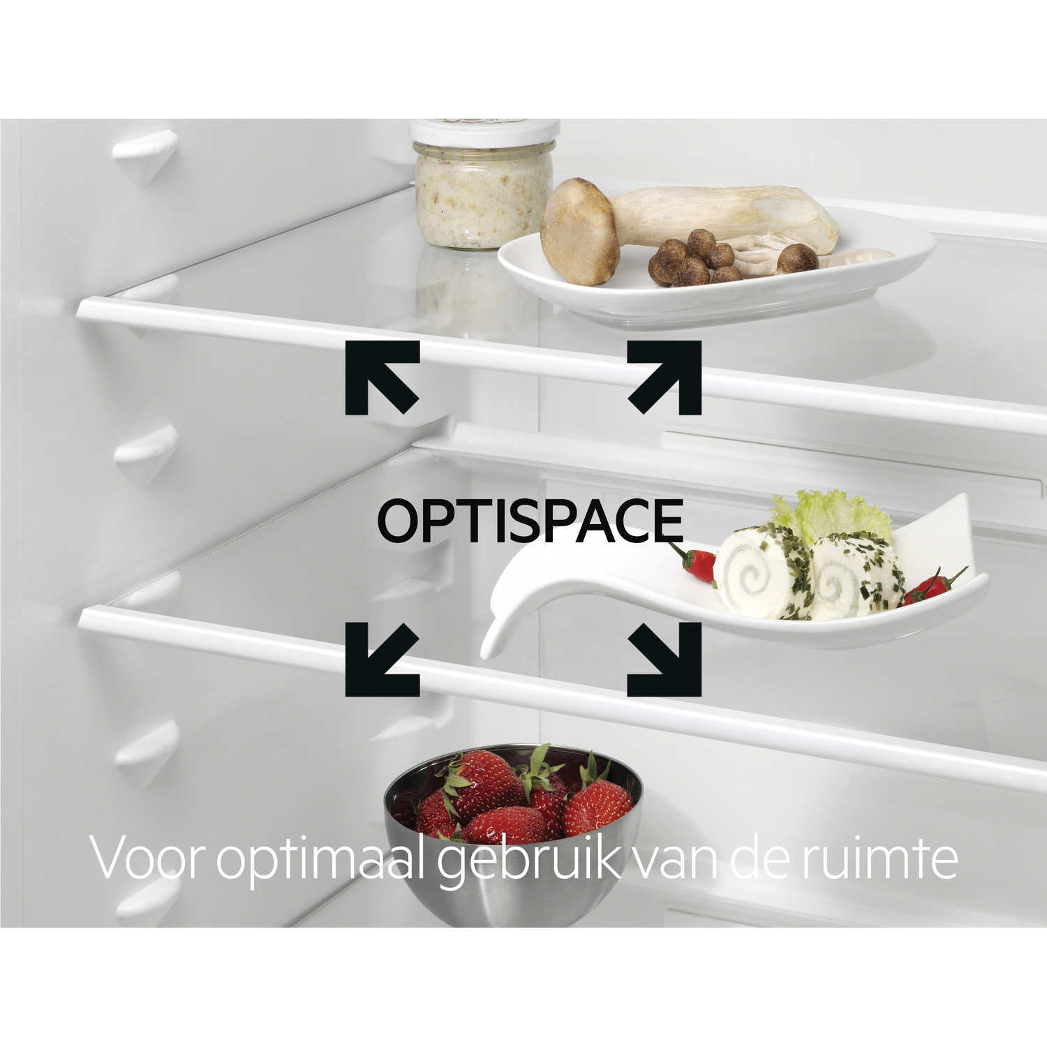 Inside a refrigerator. Shelves with food items: strawberries, mushrooms, and cheese rolls. Optispace text visible.