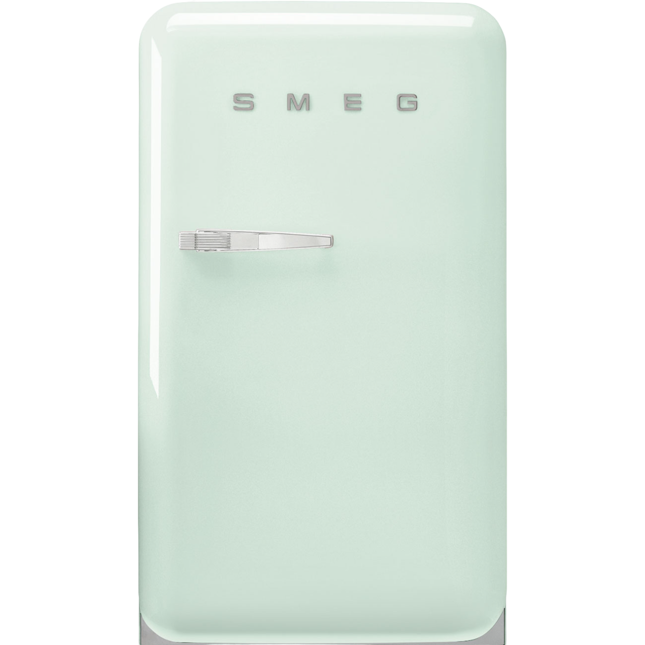 Minzgrüner SMEG Kühlschrank mit Chromgriff.