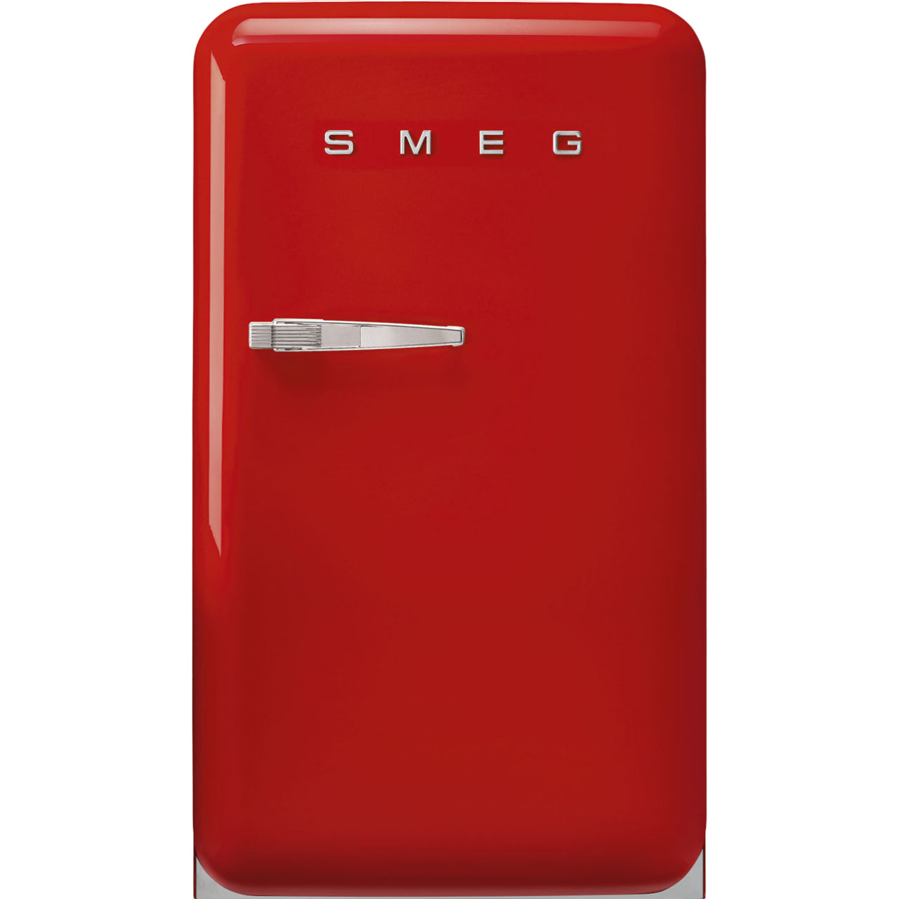 Roter SMEG Kühlschrank mit Chromgriff und Logo auf schwarzem Hintergrund.
