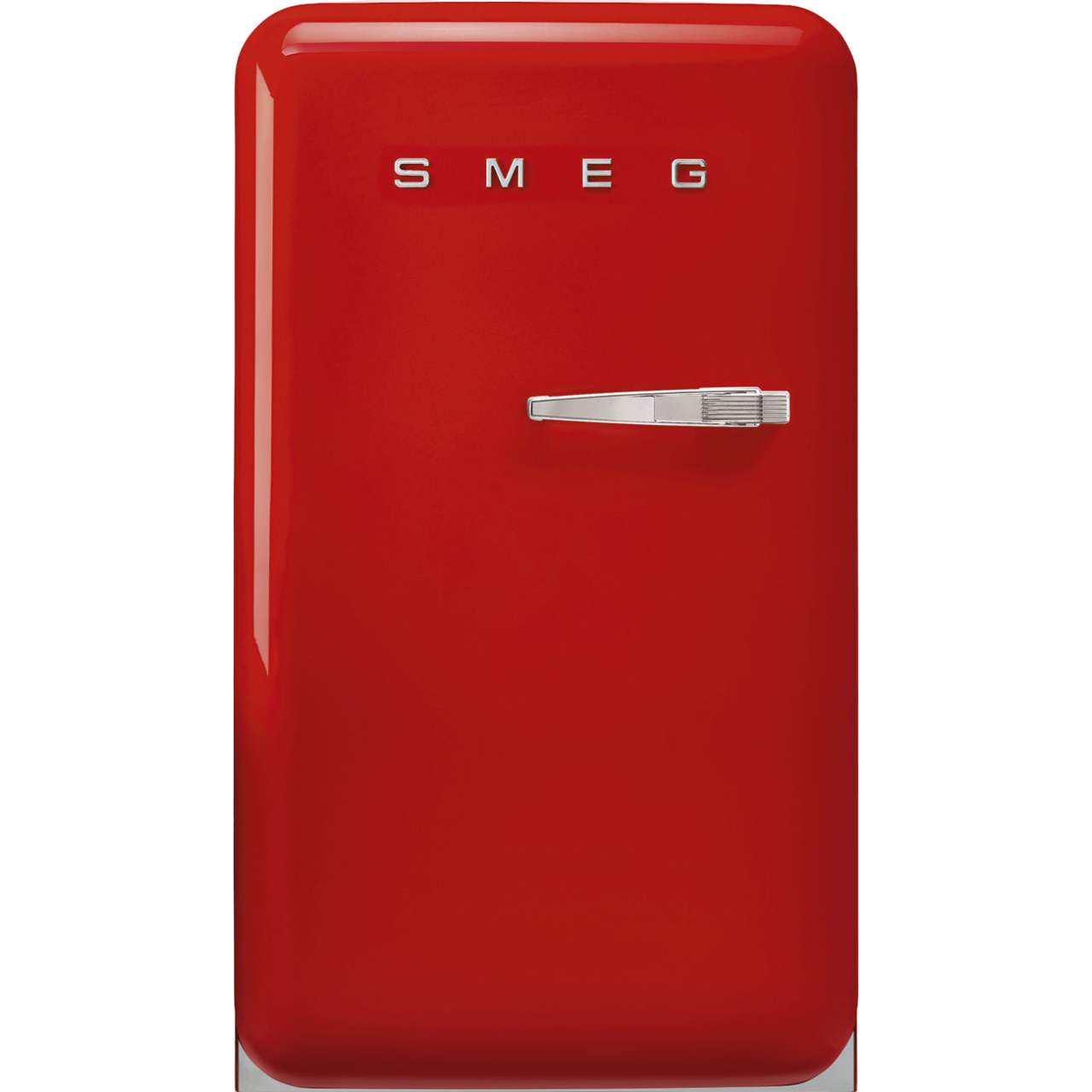 Roter SMEG-Kühlschrank mit Chromgriff, im Studio.