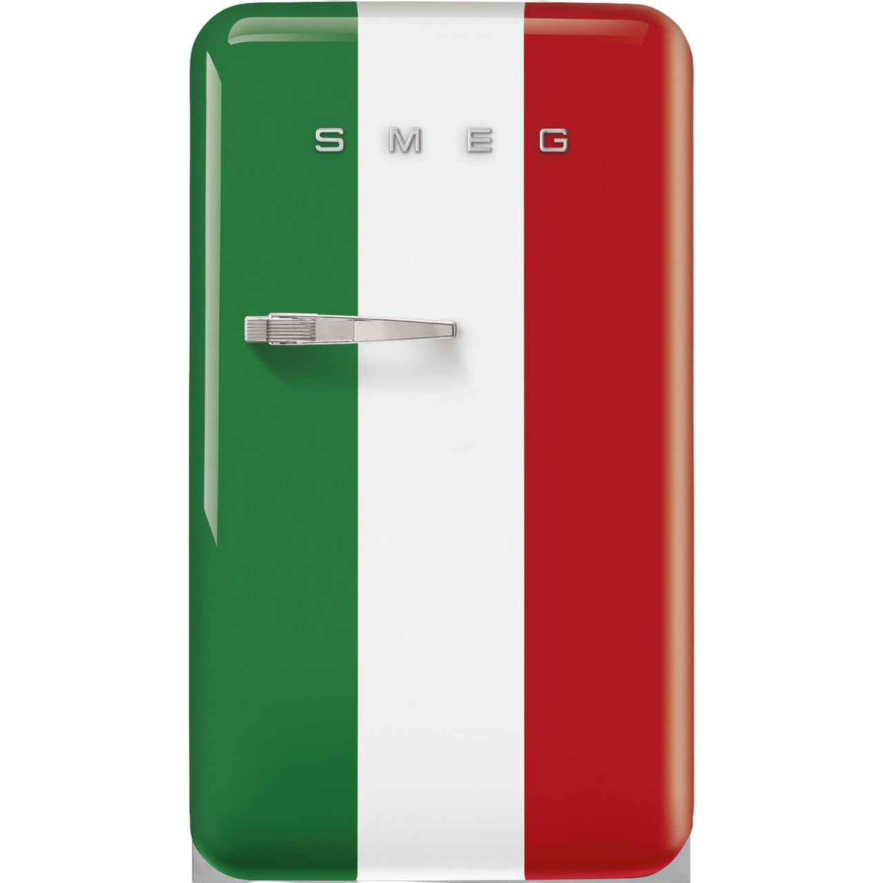 Retro-Kühlschrank mit italienischem Flaggen-Design. Grüne, weiße und rote Streifen, Chromgriff und Name.