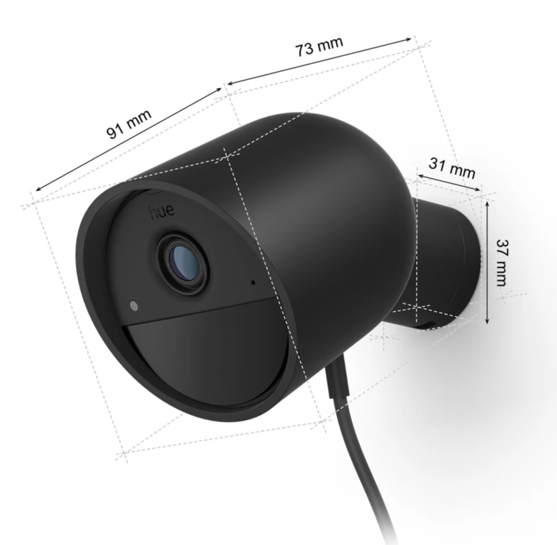 Czarna kamera bezpieczeństwa Hue z pokazanymi wymiarami. Białe tło.