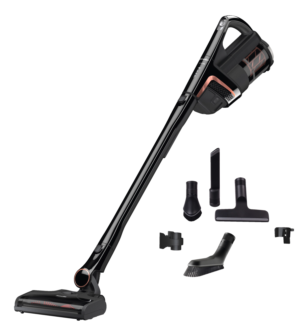 Un aspirapolvere senza fili Miele nero con accessori. È di fronte a uno sfondo bianco. Vari strumenti sono posizionati.