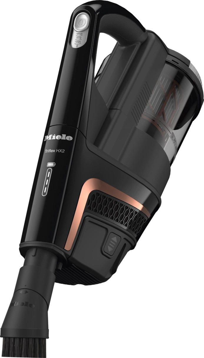 Aspirapolvere nero Miele Triflex HX2. Vista angolata, che mostra la testina e i dettagli dell'impugnatura.