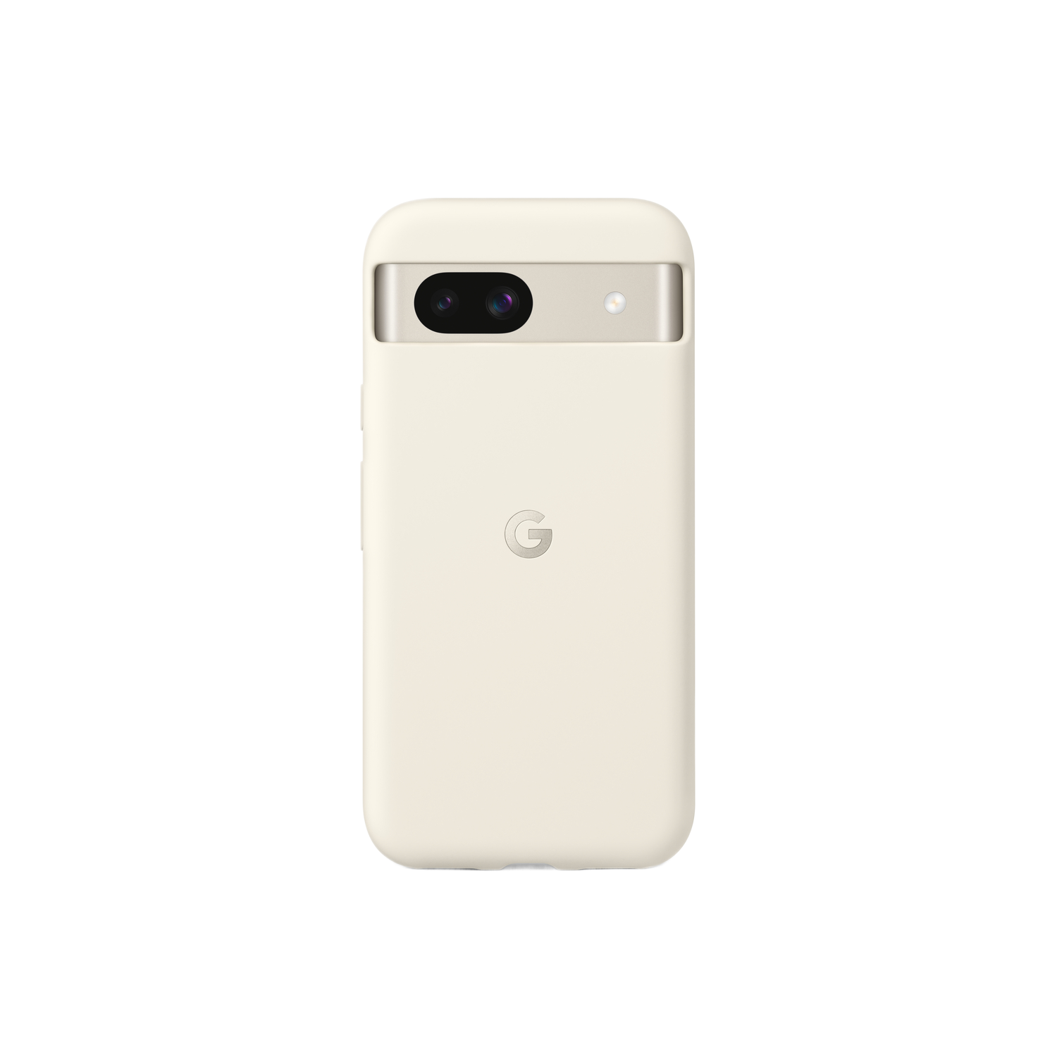 Téléphone crème avec étui, appareil photo et logo Google. Fond noir.