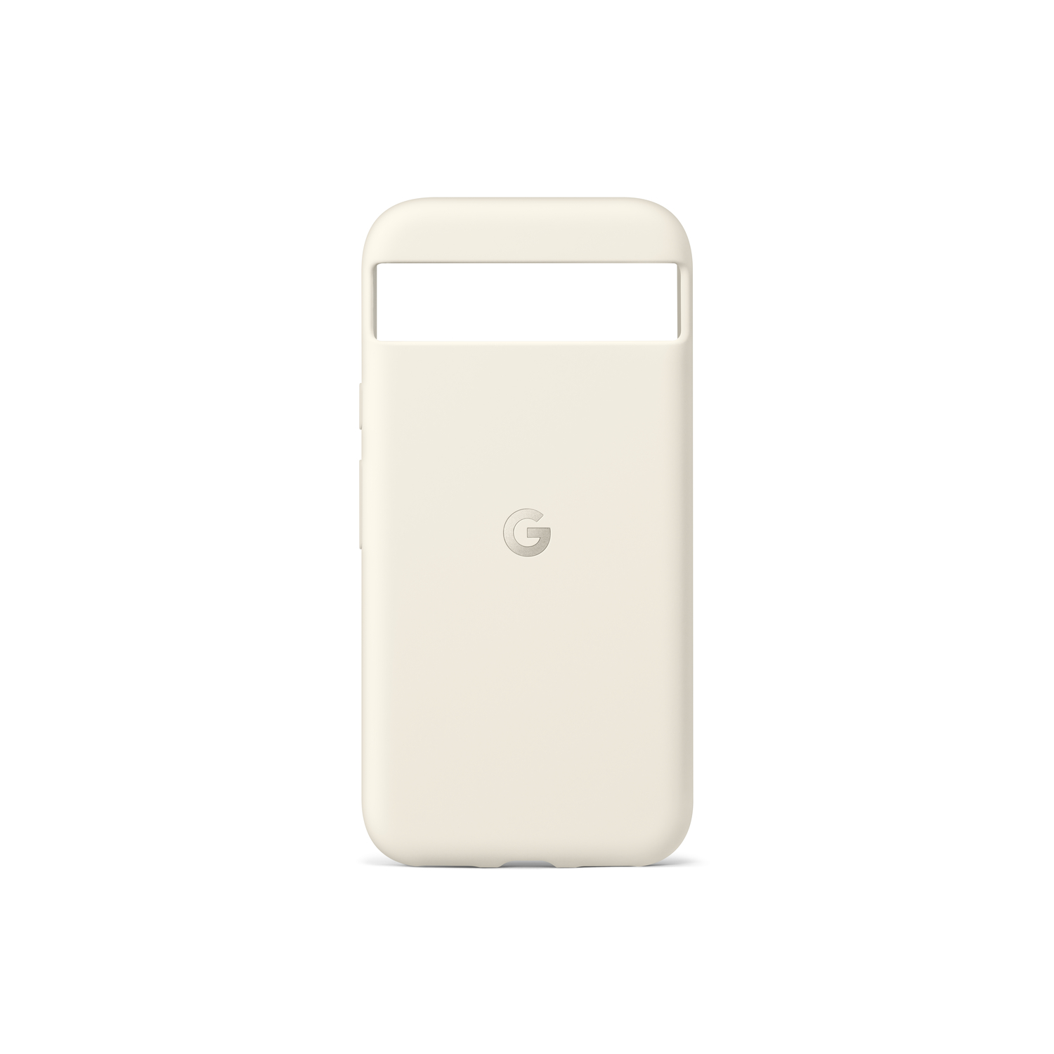 Une coque de téléphone crème avec une découpe pour l'appareil photo et un logo circulaire au dos.