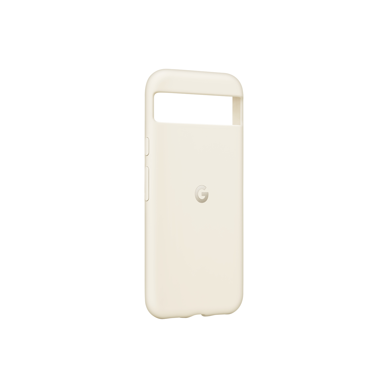 Une coque de téléphone beige avec le logo 'G' de Google. Design simple et lisse.