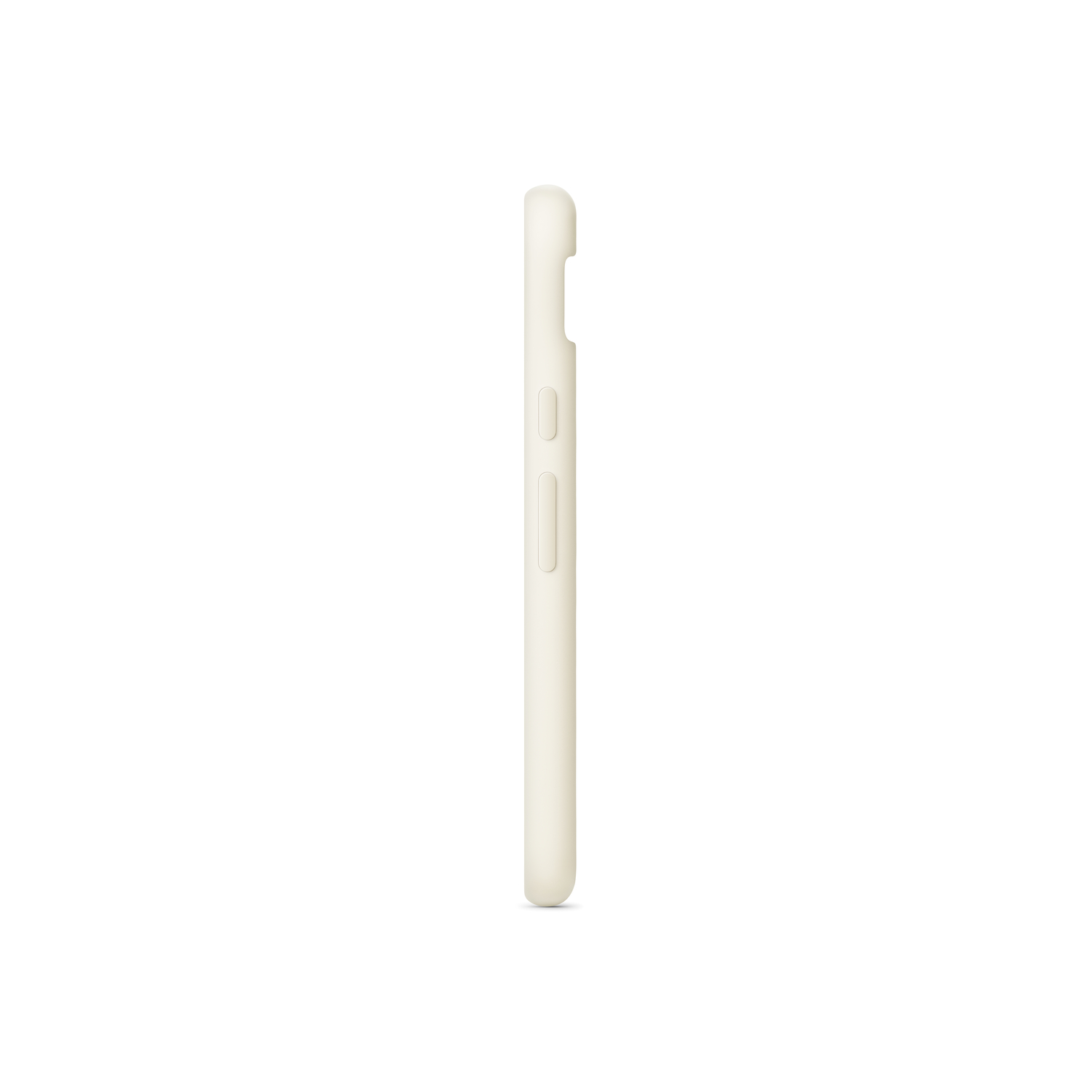Un étui de téléphone couleur crème vu de côté. Il est sur un fond blanc, mettant en valeur un design minimaliste.