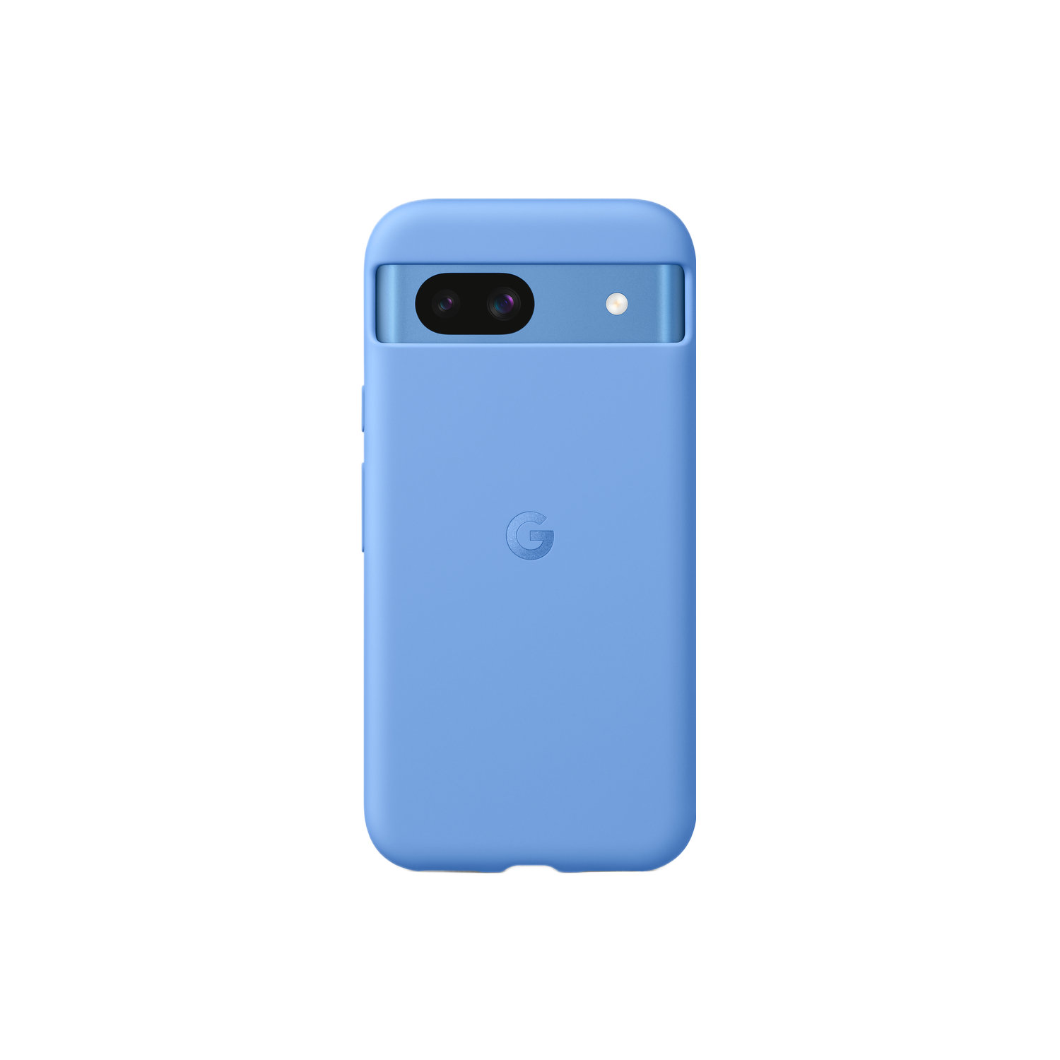 Blauwe telefoonhoes. Bedekt een telefoon met twee camera's en een flitser. Google-logo op de achterkant.