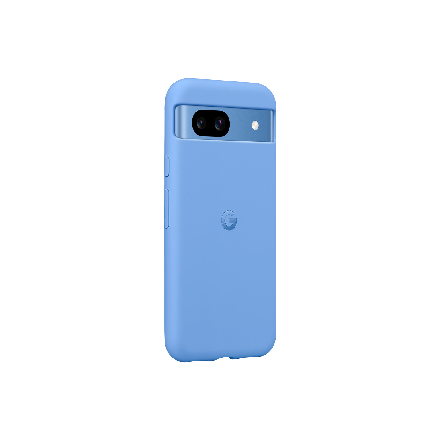 Een lichtblauwe telefoonhoes met een Google-logo op de achterkant, voor een mobiele telefoon.