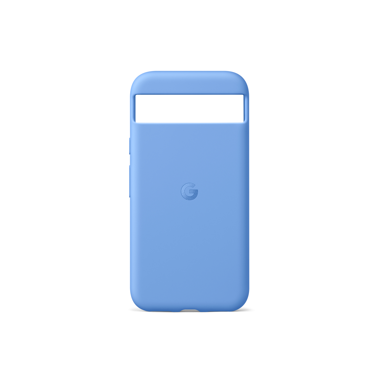 Lichtblauwe telefoonhoes met een cirkelvormig logo op een witte achtergrond.