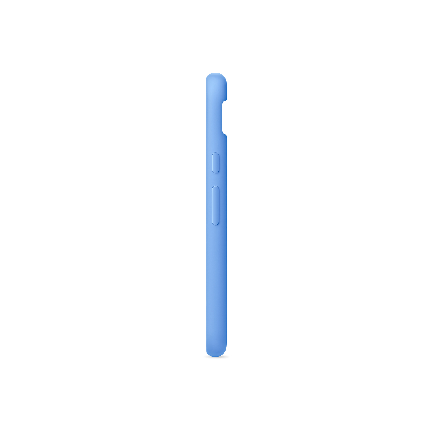 Blauwe telefoonhoes, zijaanzicht, effen achtergrond. Zijaanzicht met knoppen en een strak design.