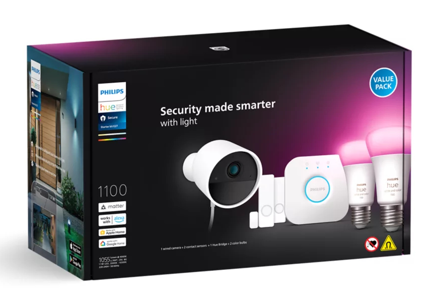 Pudełko zestawu zabezpieczeń Philips Hue, zawierające kamerę, czujniki i światła.