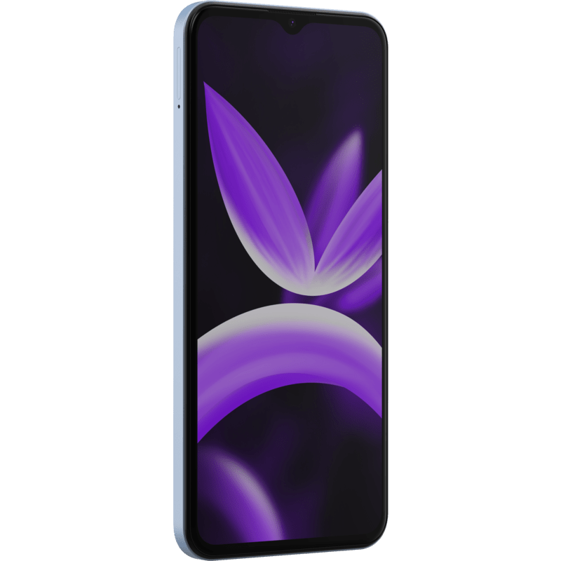 Renkli, soyut bir duvar kağıdı olan açık mavi bir telefon.