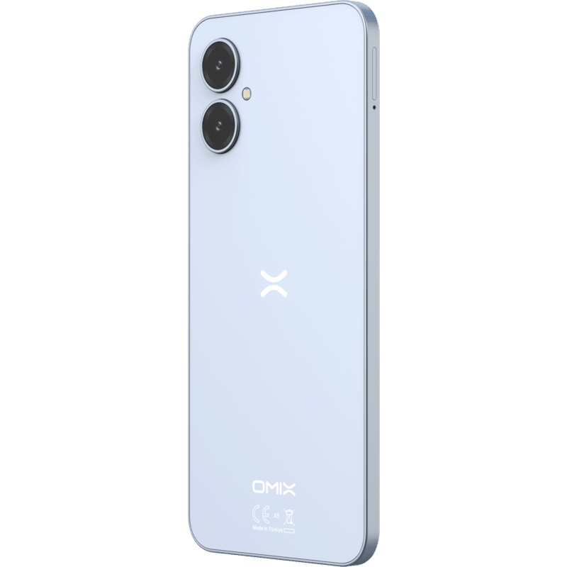 Siyah zemin üzerinde açık mavi telefon. Çift kamera ve 'X' logosu bulunuyor. 'OMIX' metni görünür.