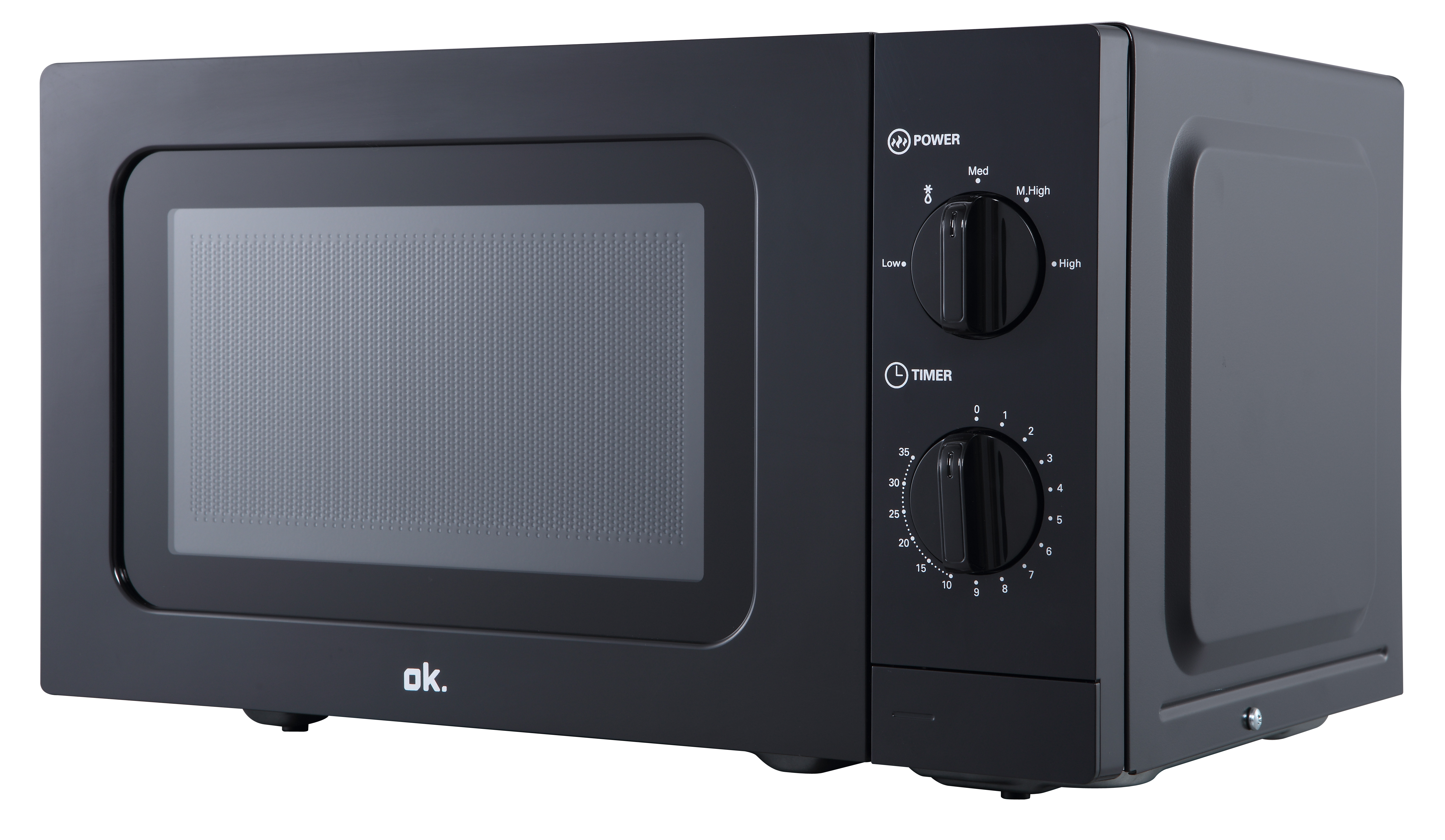Czarny piekarnik mikrofalowy z przyciskami i timerem, widok z przodu. Ma szklane drzwi.