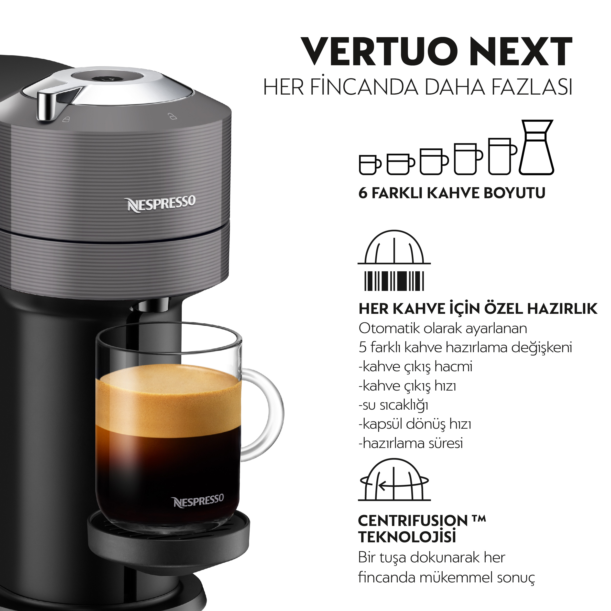 Gri Nespresso makinesi, kahve bardağı ile. Kahve boyutları ve özellikleri hakkında metin ve simgeler.