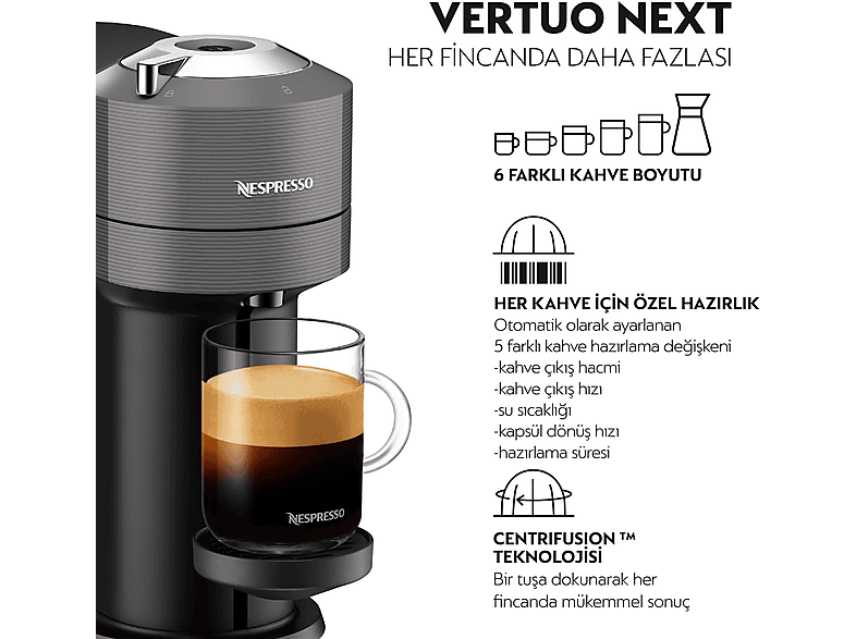 NESPRESSO Vertuo Next Kapsüllü Kahve Makinesi Gri Fiyat & Özellik