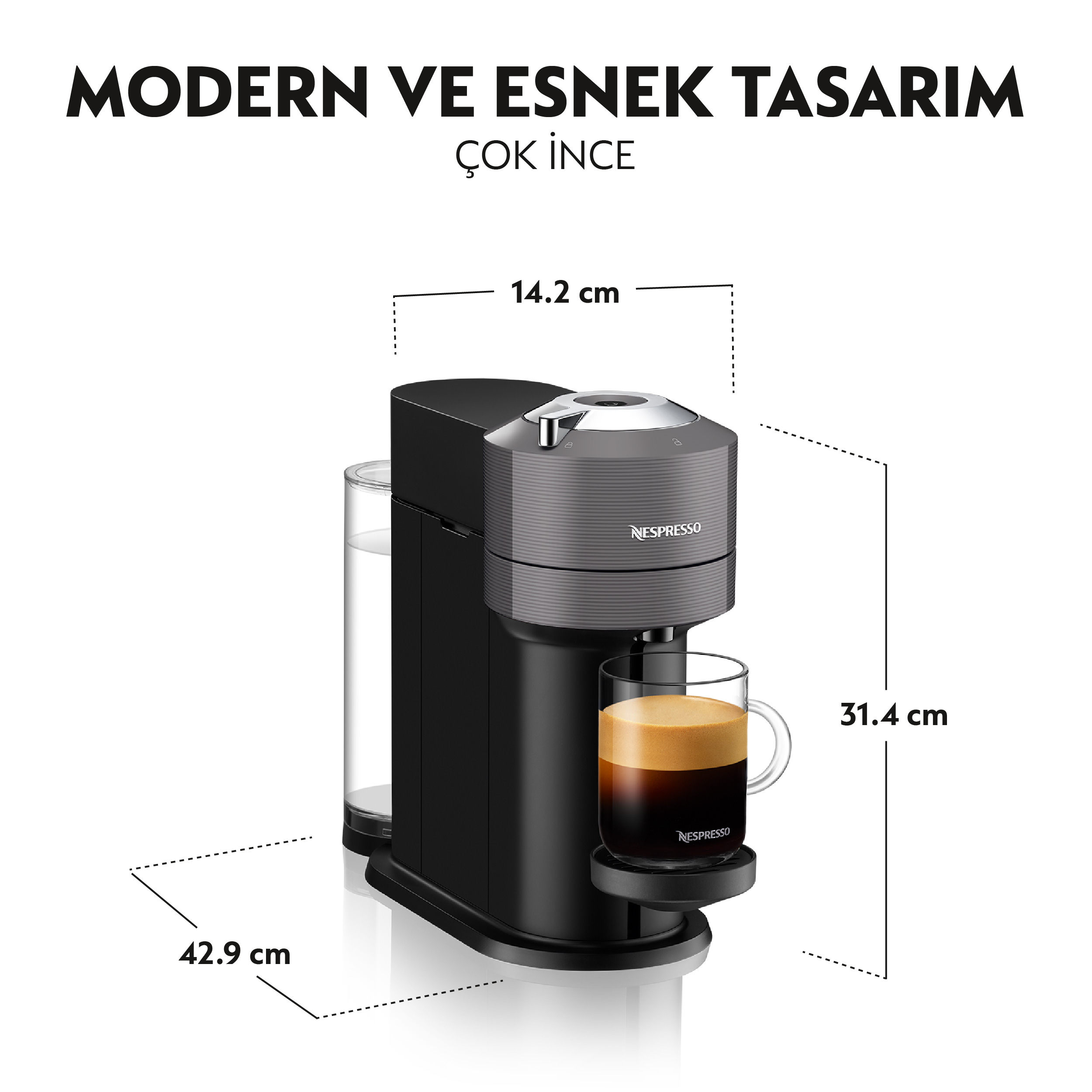 Siyah Nespresso kahve makinesi, kahveli cam bardakla.