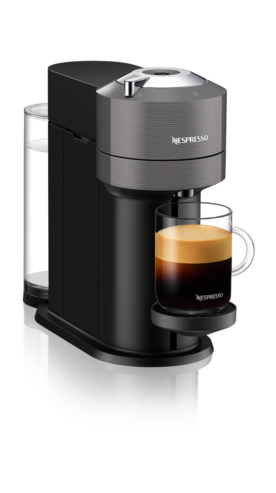 Siyah Nespresso makinesi ve bir fincan kahve.
