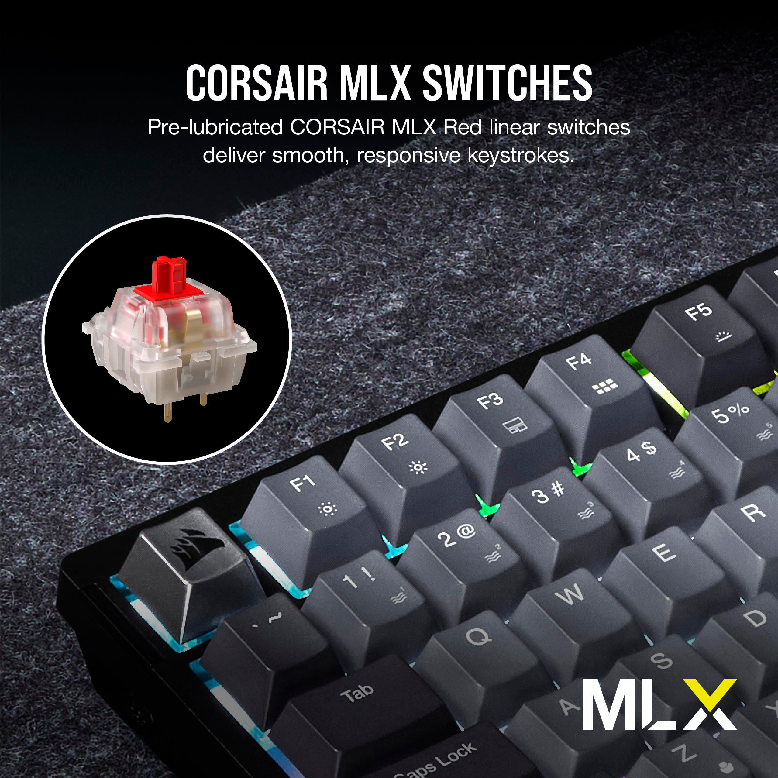 Tastatur mit rotem Schalter. Corsair MLX Switches. Schwarze Tasten mit weißen Zeichen. MLX-Logo.