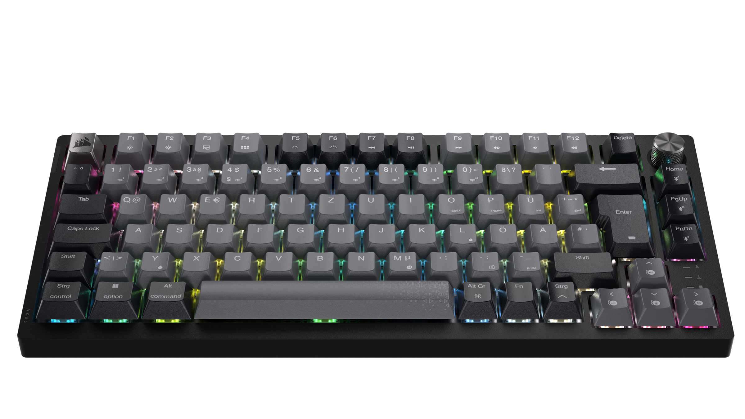 Schwarze mechanische Tastatur mit grauen Tasten und farbenfroher Beleuchtung. Silbernes Rad oben rechts.