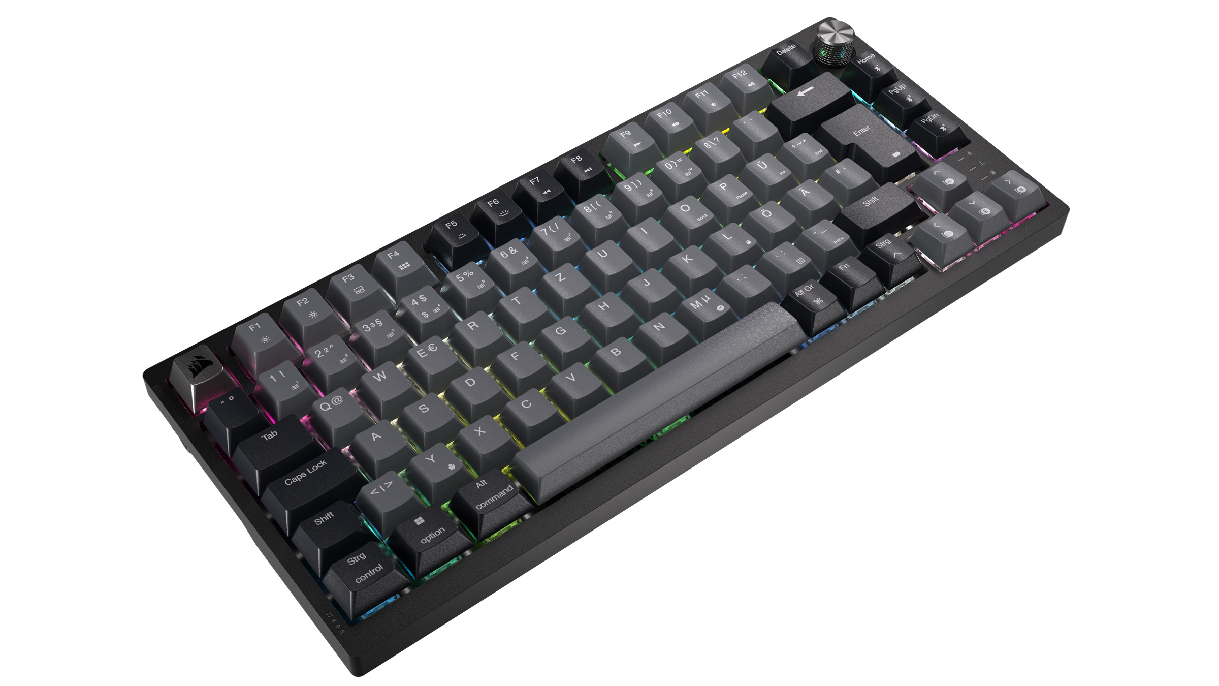 Schwarze Tastatur mit Hintergrundbeleuchtung, grauem Rahmen und Lautstärkeregler.