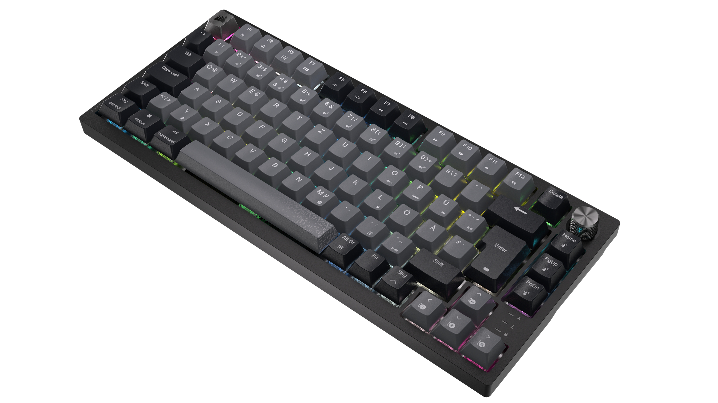 Eine schwarze Tastatur mit mehrfarbigen Tasten, von oben gesehen.