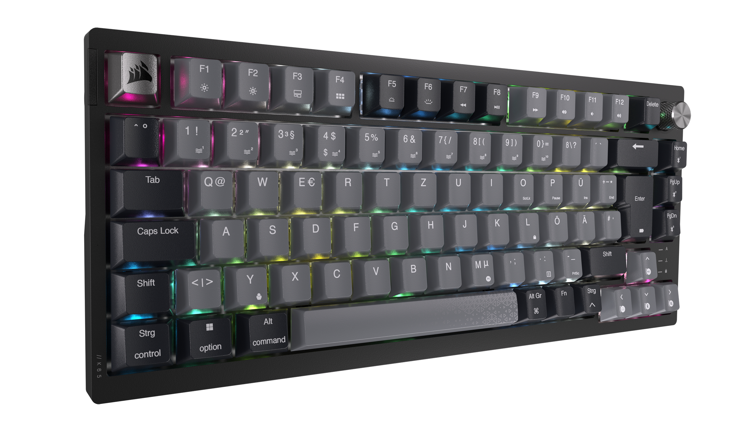 Schwarze mechanische Corsair-Tastatur mit RGB-beleuchteten Tasten und Lautstärkerad.