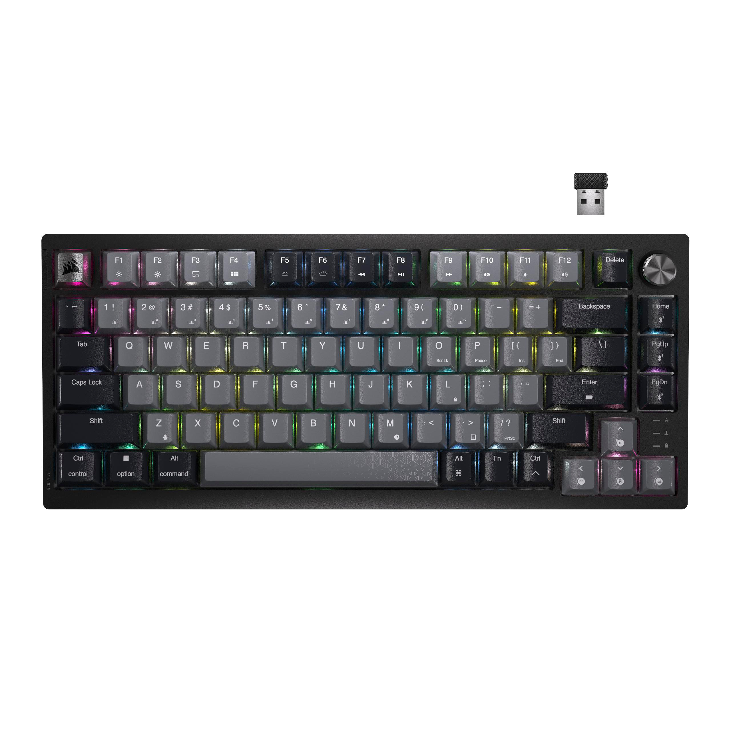 Eine schwarze Tastatur mit grauen und farbenfrohen Tastenkappen und einem USB-Empfänger oben rechts.