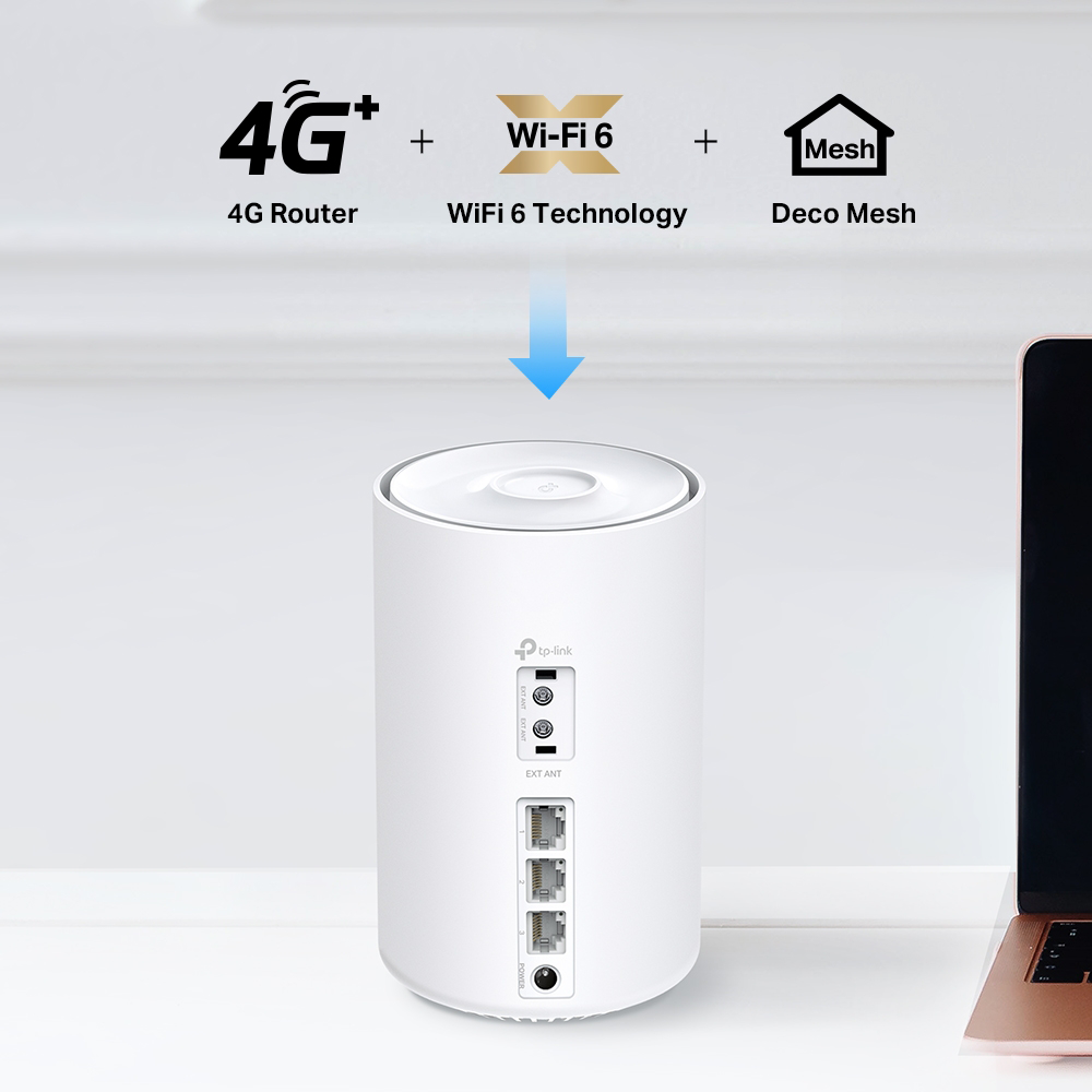 Fehér router, 4G, WiFi 6 és Deco Mesh ikonokkal. Jobbra egy laptop.