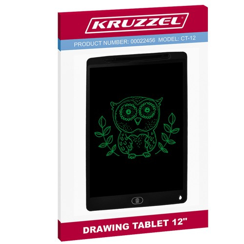 Pudełko tabletu do rysowania z rysunkiem sowy i tekstem: Tablet do rysowania 12". Białe i czerwone opakowanie.