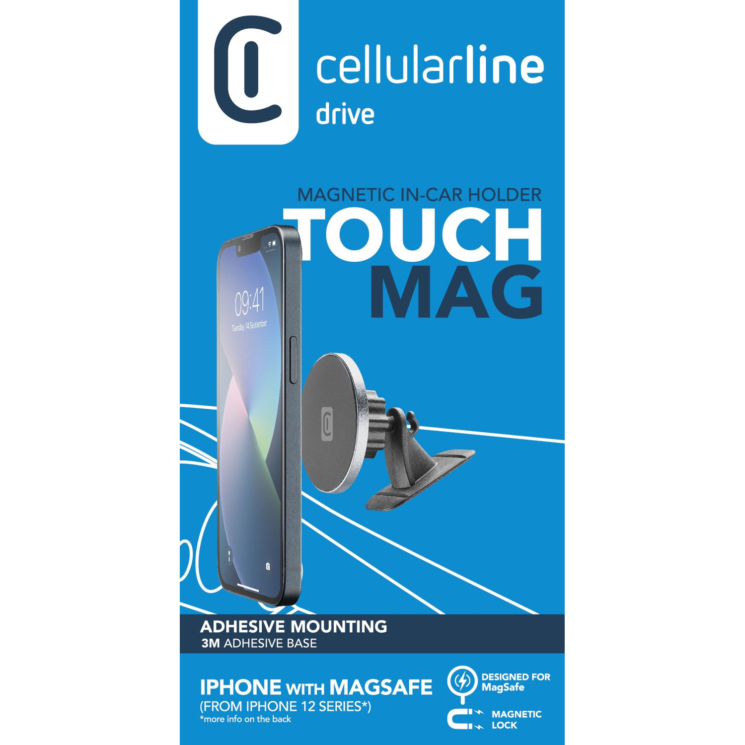 Cellularline Touch Mag telefoonhouder. Bevat een telefoon met magnetische houder. Verpakking toont het product.