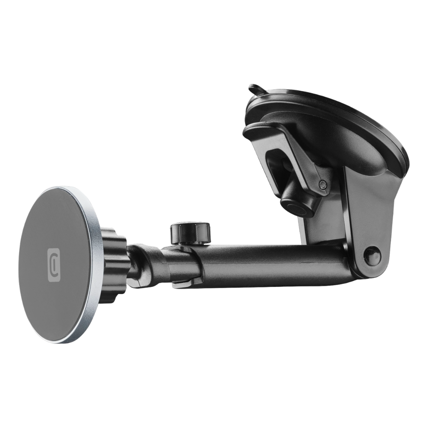 Zwarte telefoonhouder voor in de auto met een cirkelvormige magnetische plaat en een zuignap.