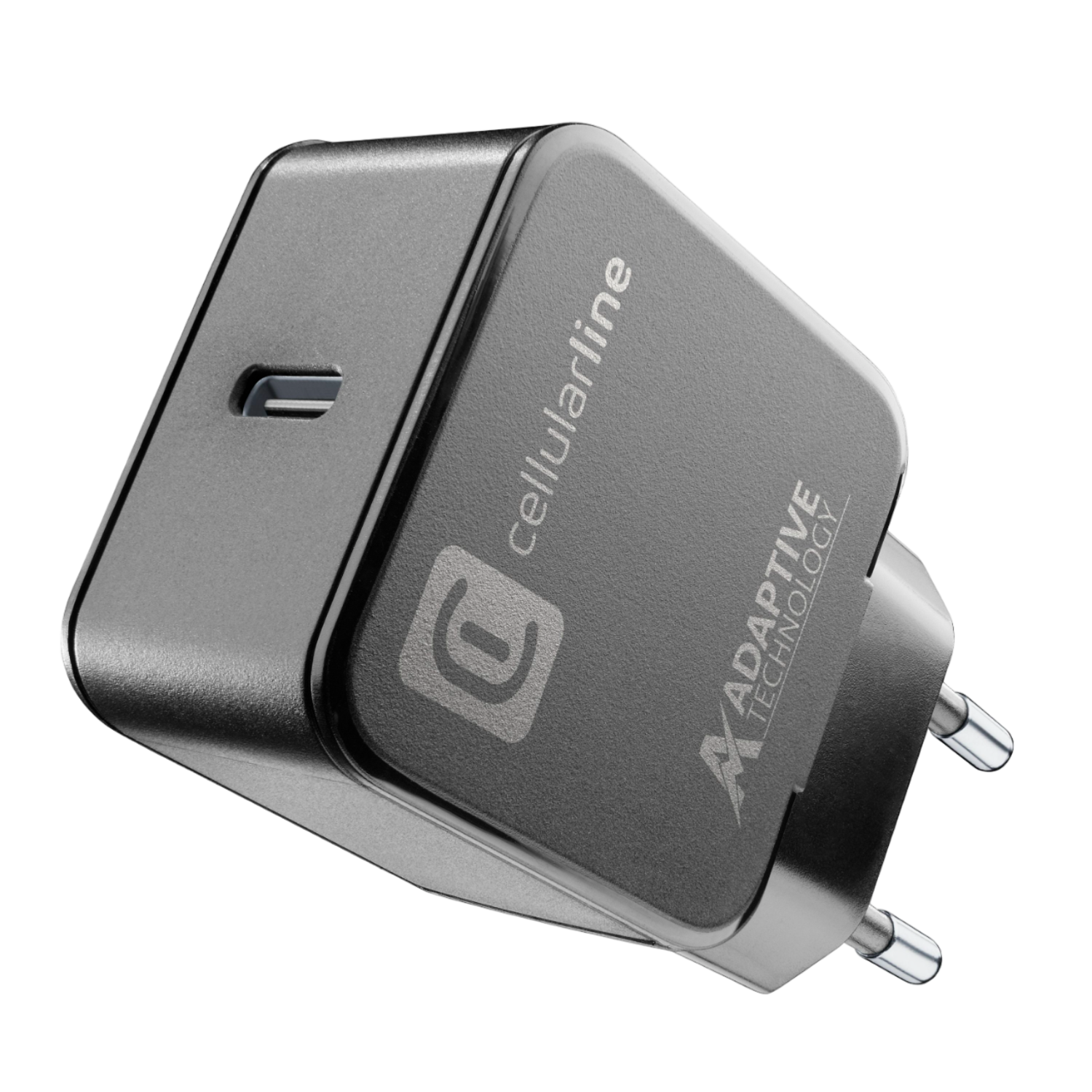Een donkergrijze Cellularline oplader met een USB-C poort en een stekker. Adaptieve technologie.