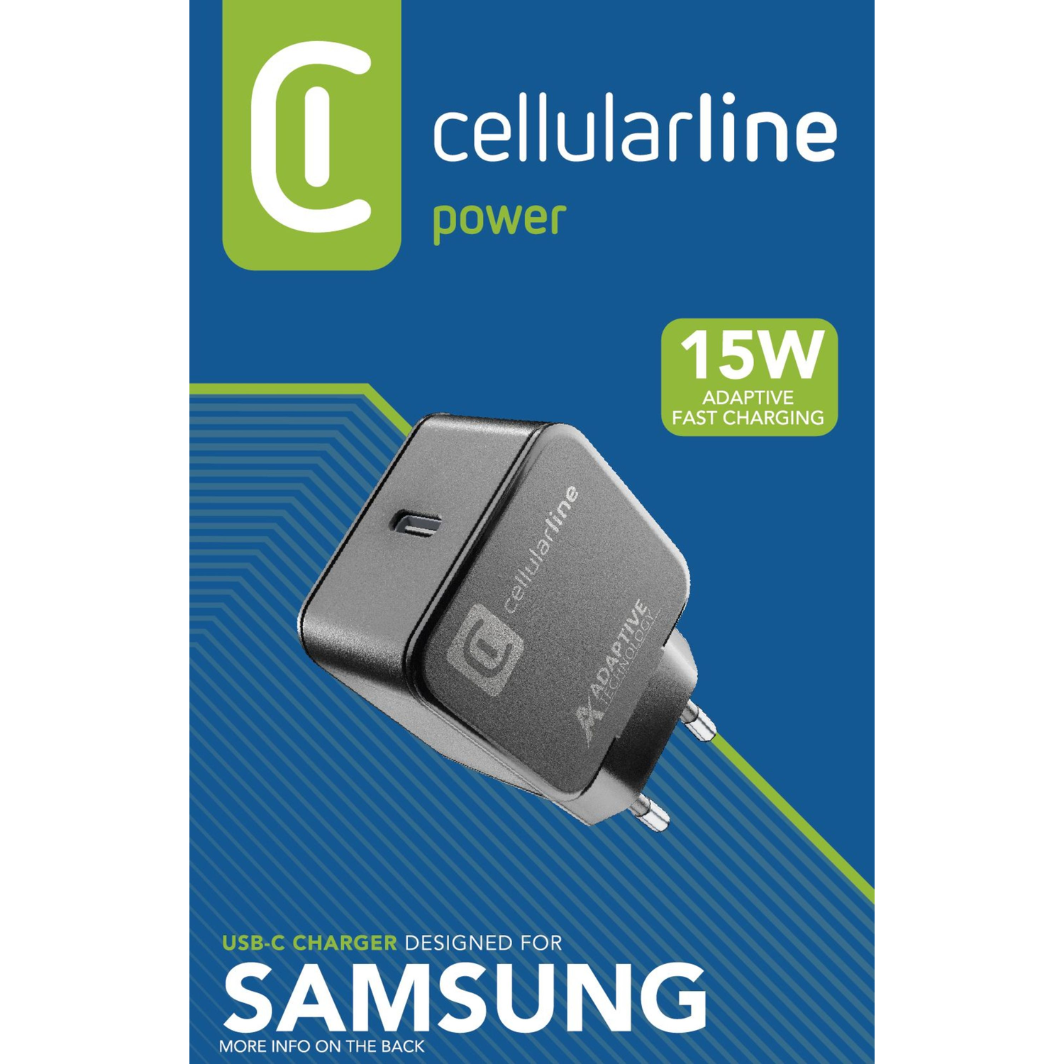 Verpakking voor een USB-C-oplader ontworpen voor Samsung-apparaten. Het heeft een zwarte oplader en tekst.