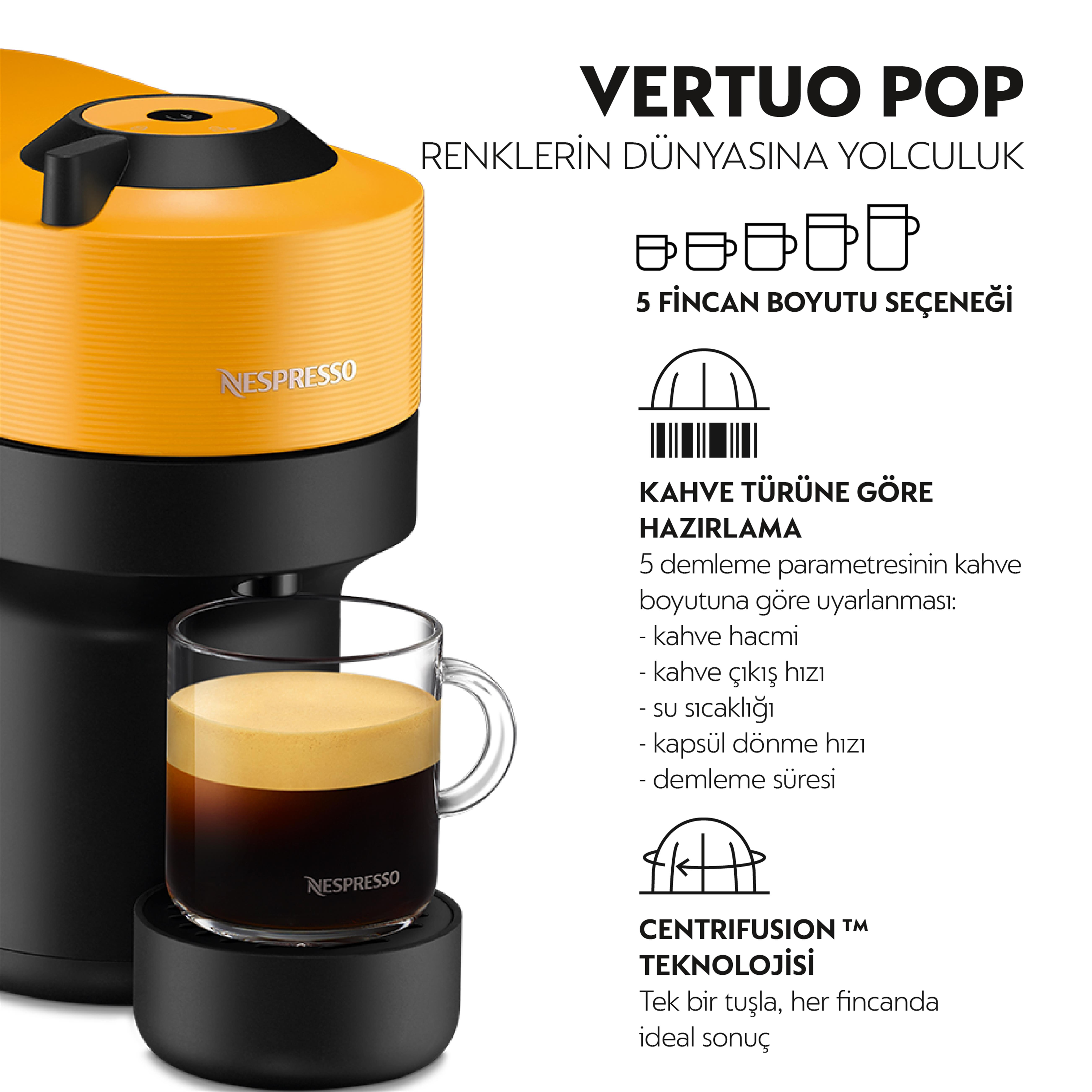 Sarı ve siyah renklerde bir Nespresso Vertuo Pop kahve makinesi, bir fincan kahve ve açıklayıcı metin ile.