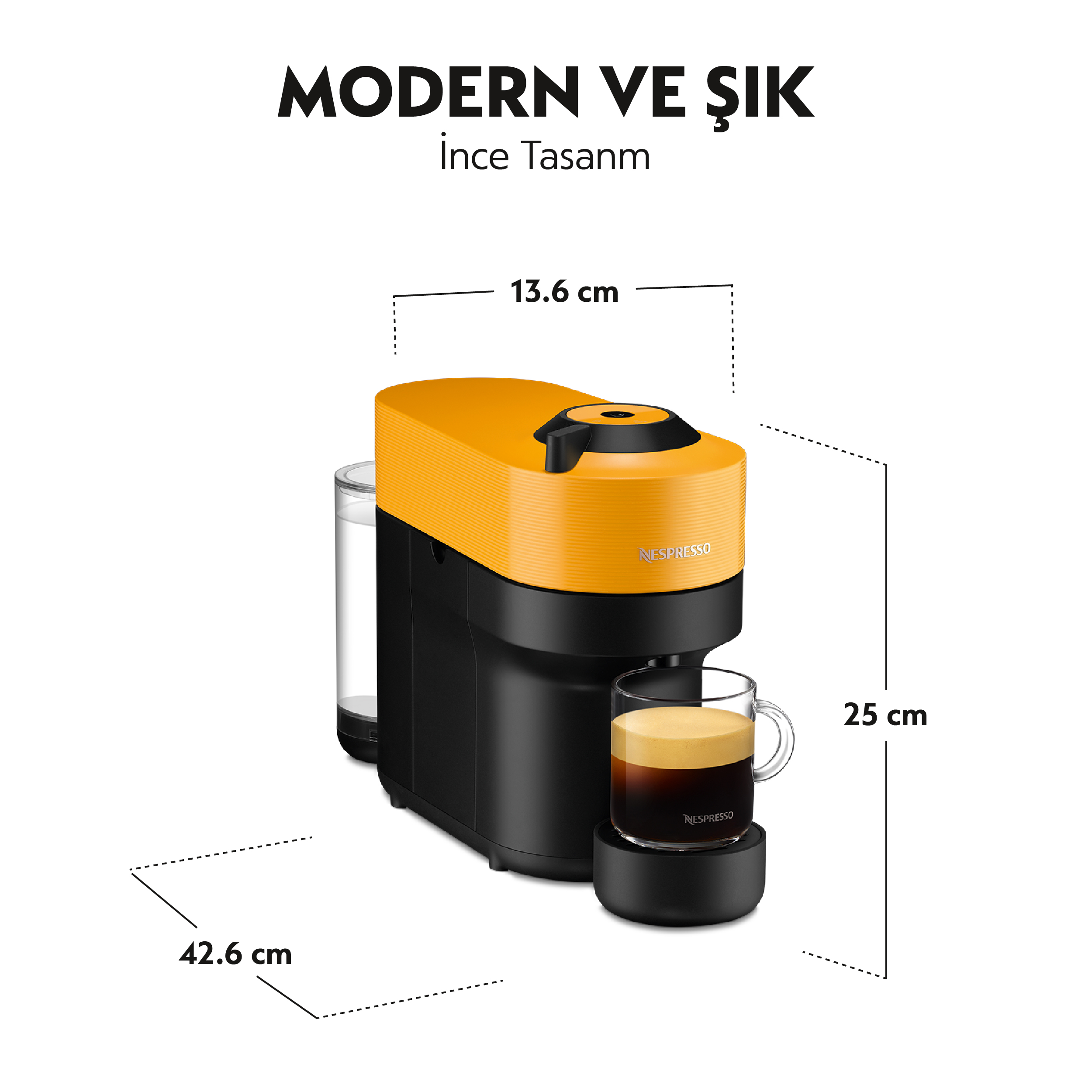 Bir fincanla kahve makinesi. Siyah ve sarı tasarım. Boyutlar ve marka mevcut.