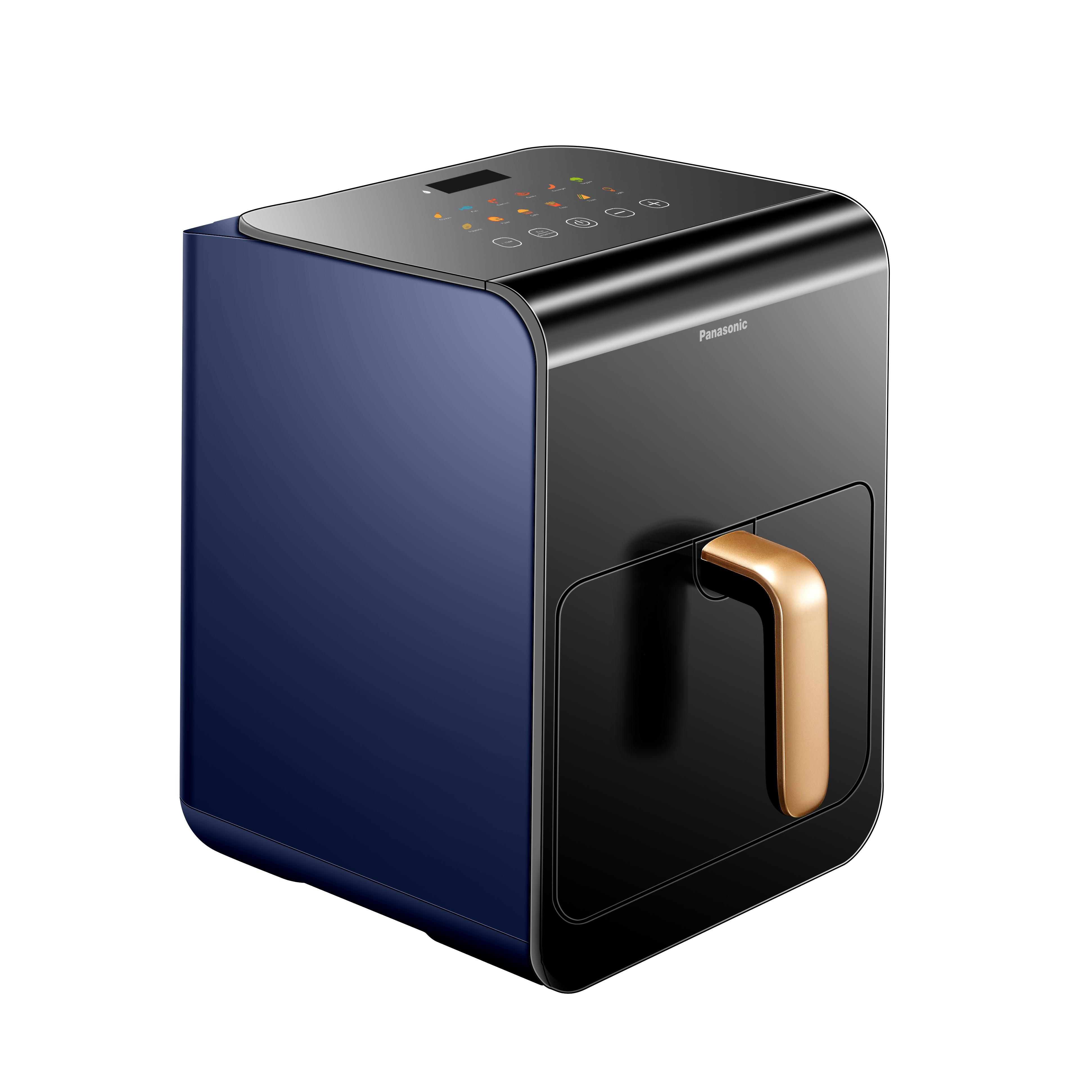 Eine blau-schwarze Heißluftfritteuse mit goldenem Griff und Panasonic-Marke oben.