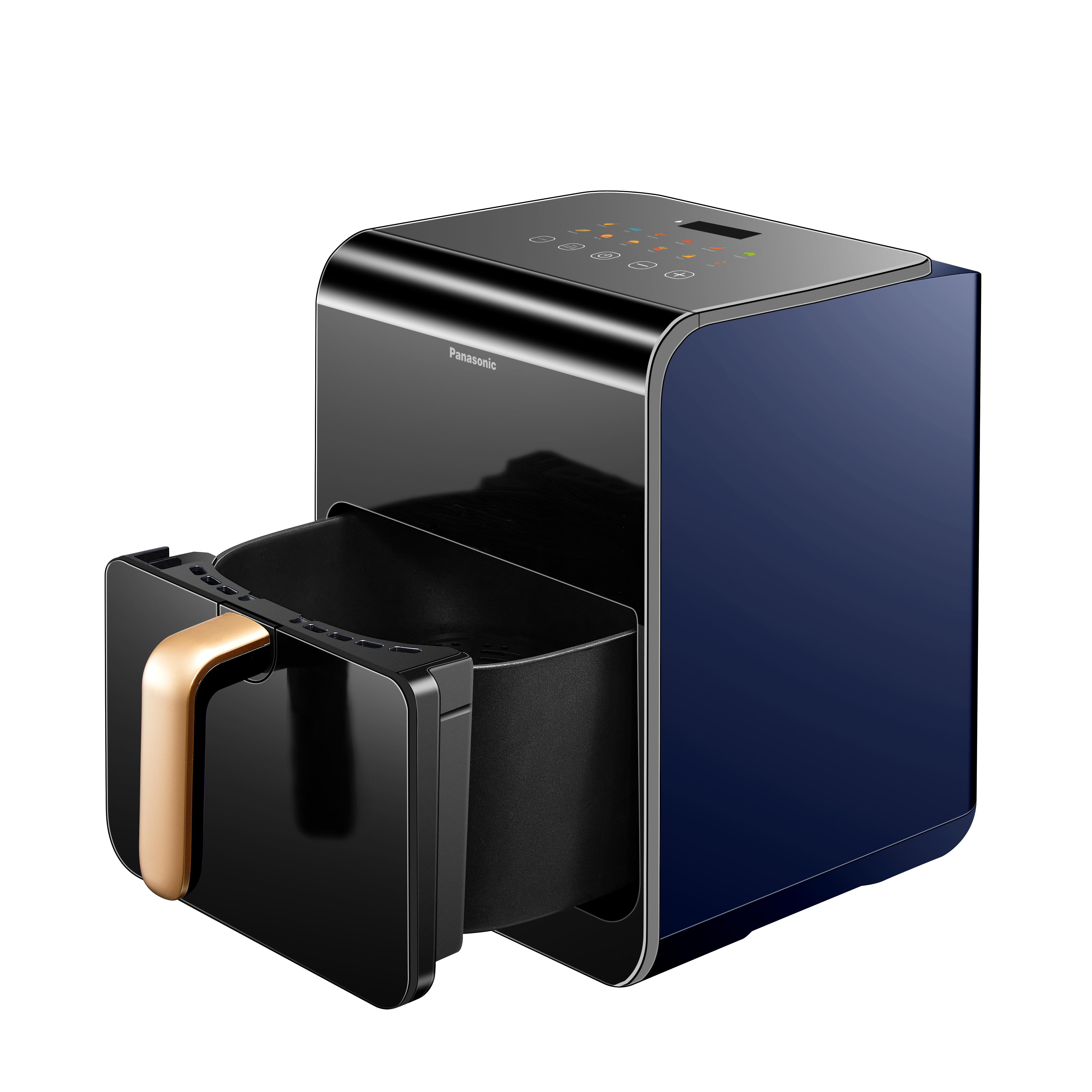 Blauer und schwarzer Airfryer mit goldenem Griff und Bedienfeld oben.