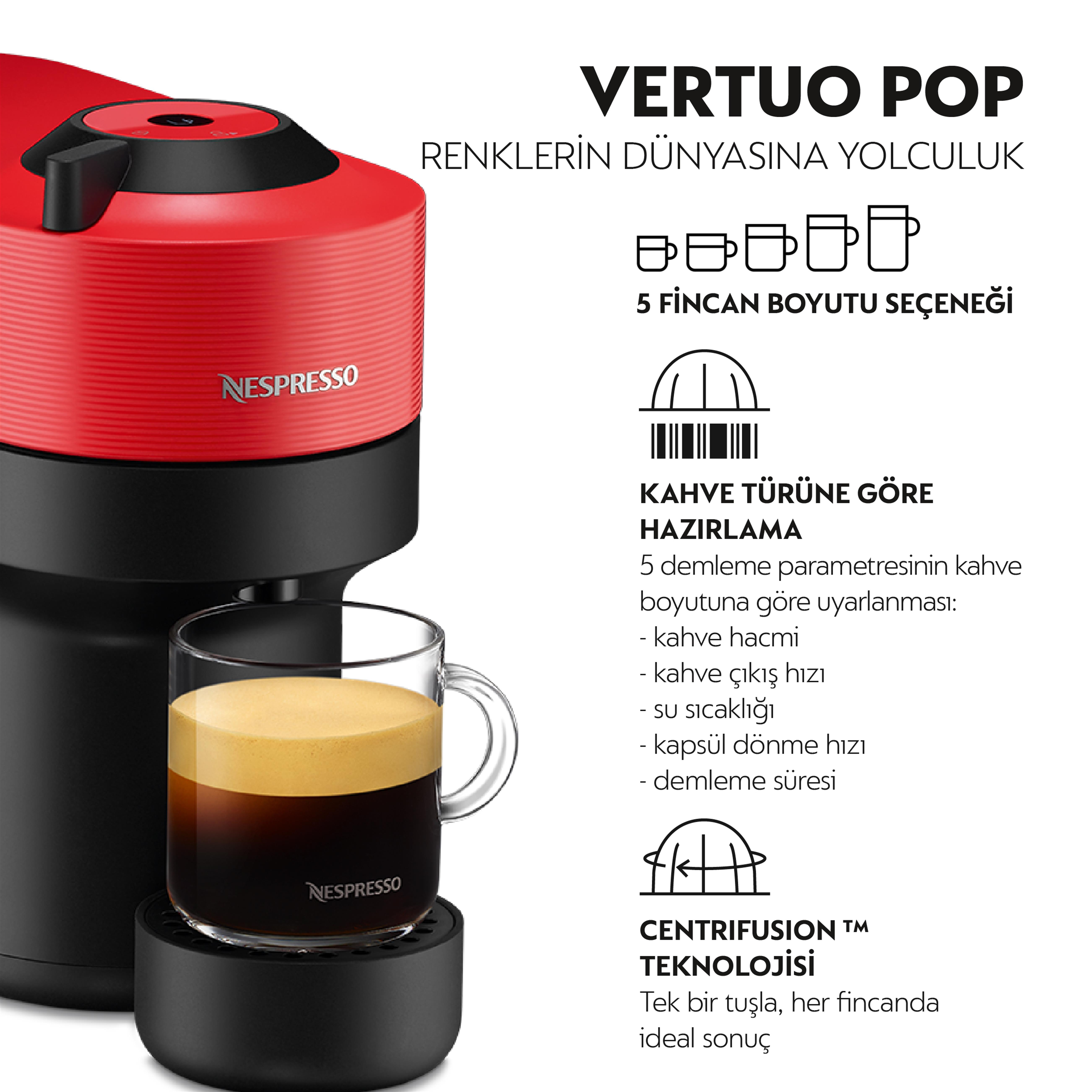 Kırmızı bir Nespresso Vertuo Pop kahve makinesi, bir fincan kahve ve metinle.