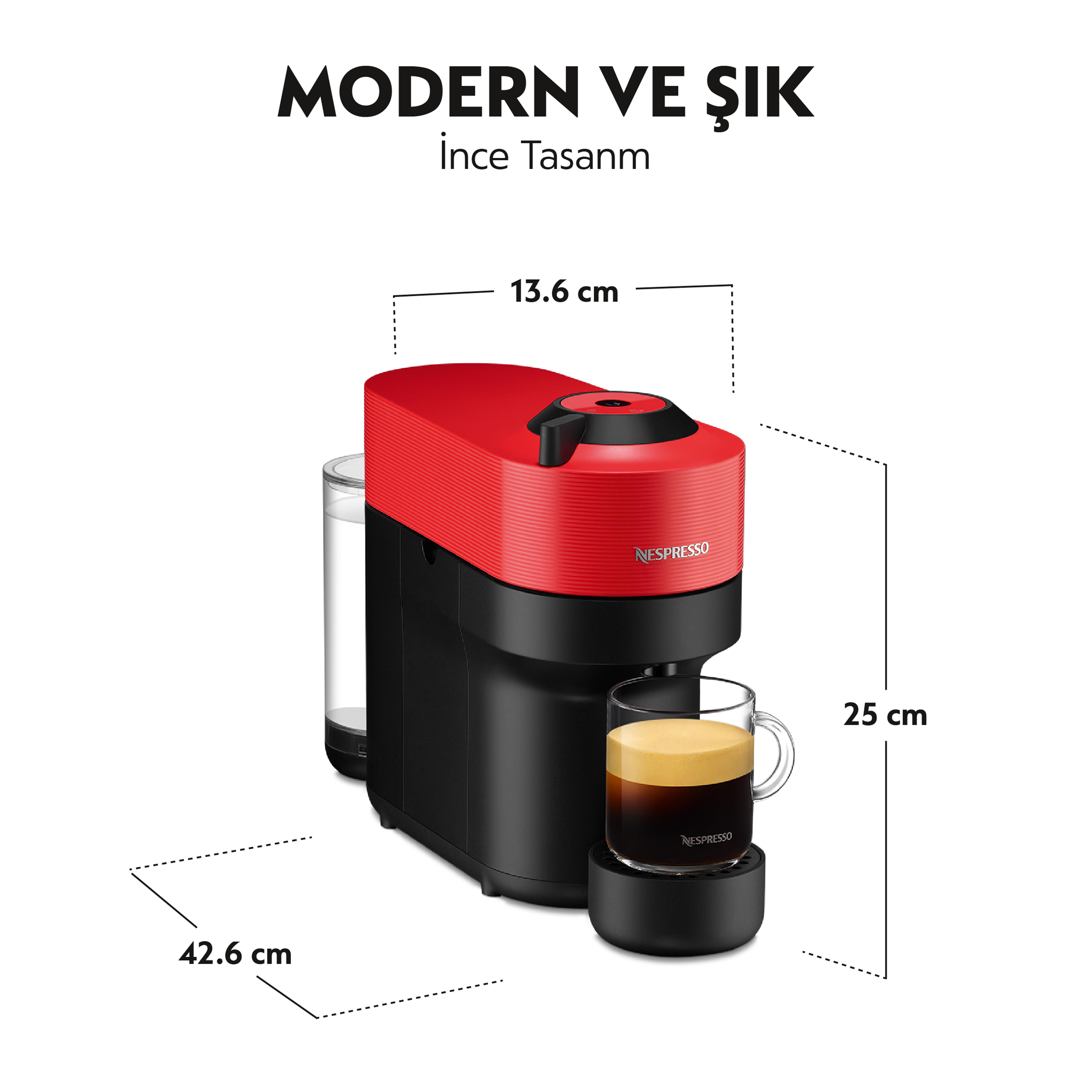Kırmızı ve siyah Nespresso kahve makinesi, cam bardakla. Ölçüler cm cinsindendir.