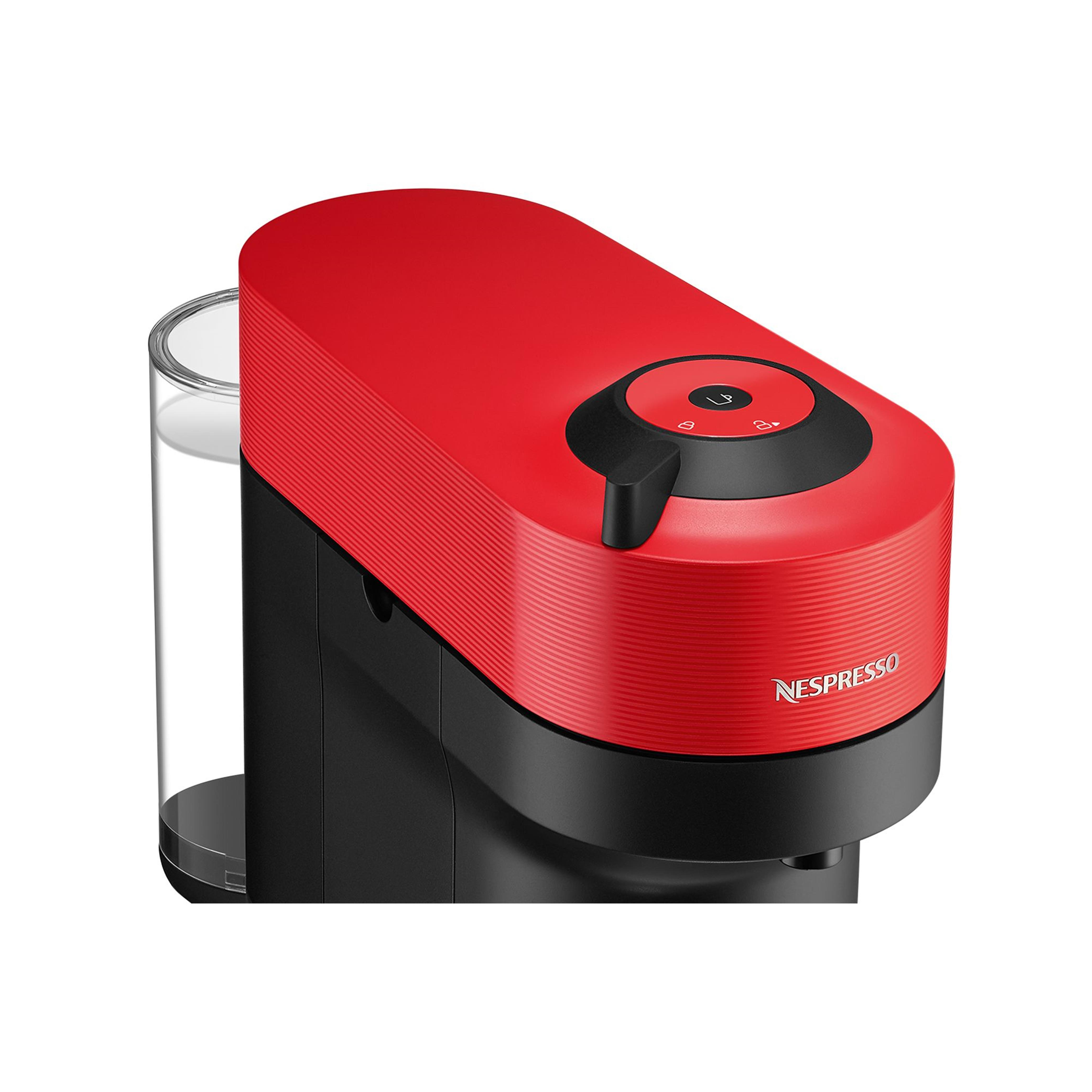 Kırmızı ve siyah bir Nespresso kahve makinesi, su tankı.