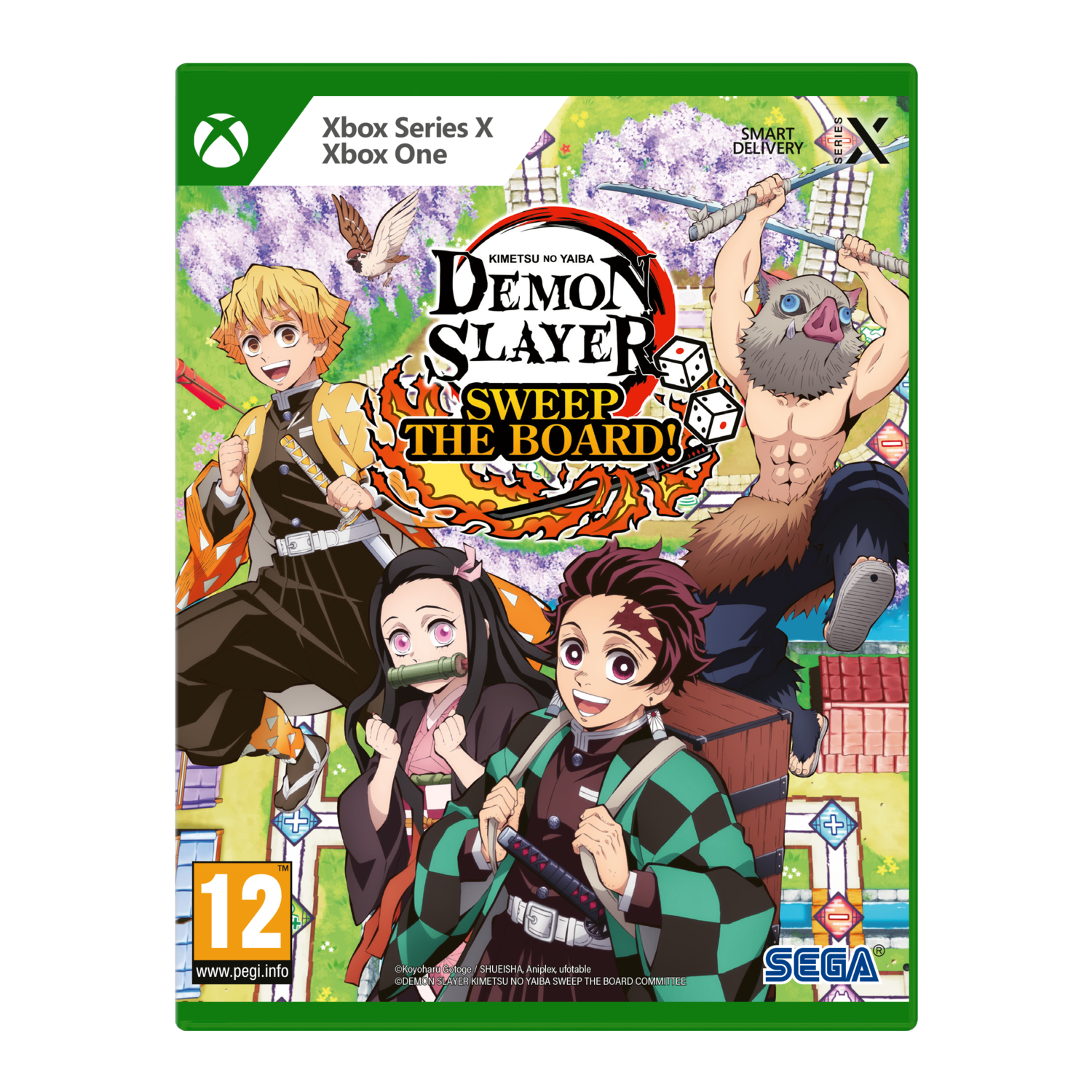 Xbox-gamebox met anime-personages, titel 'Demon Slayer: Sweep the Board!', groene rand.