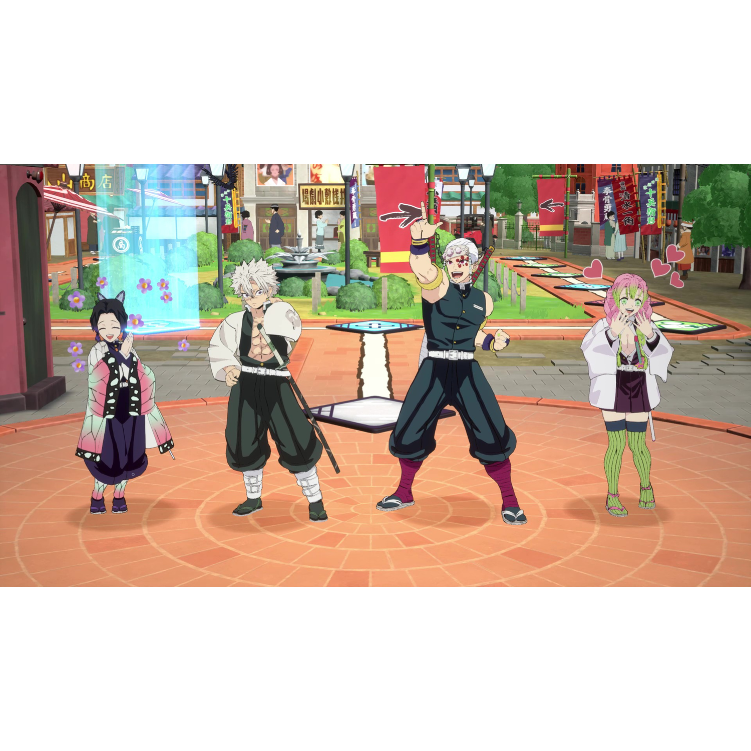 Vier anime-personages op een rond podium in een Japanse stad.
