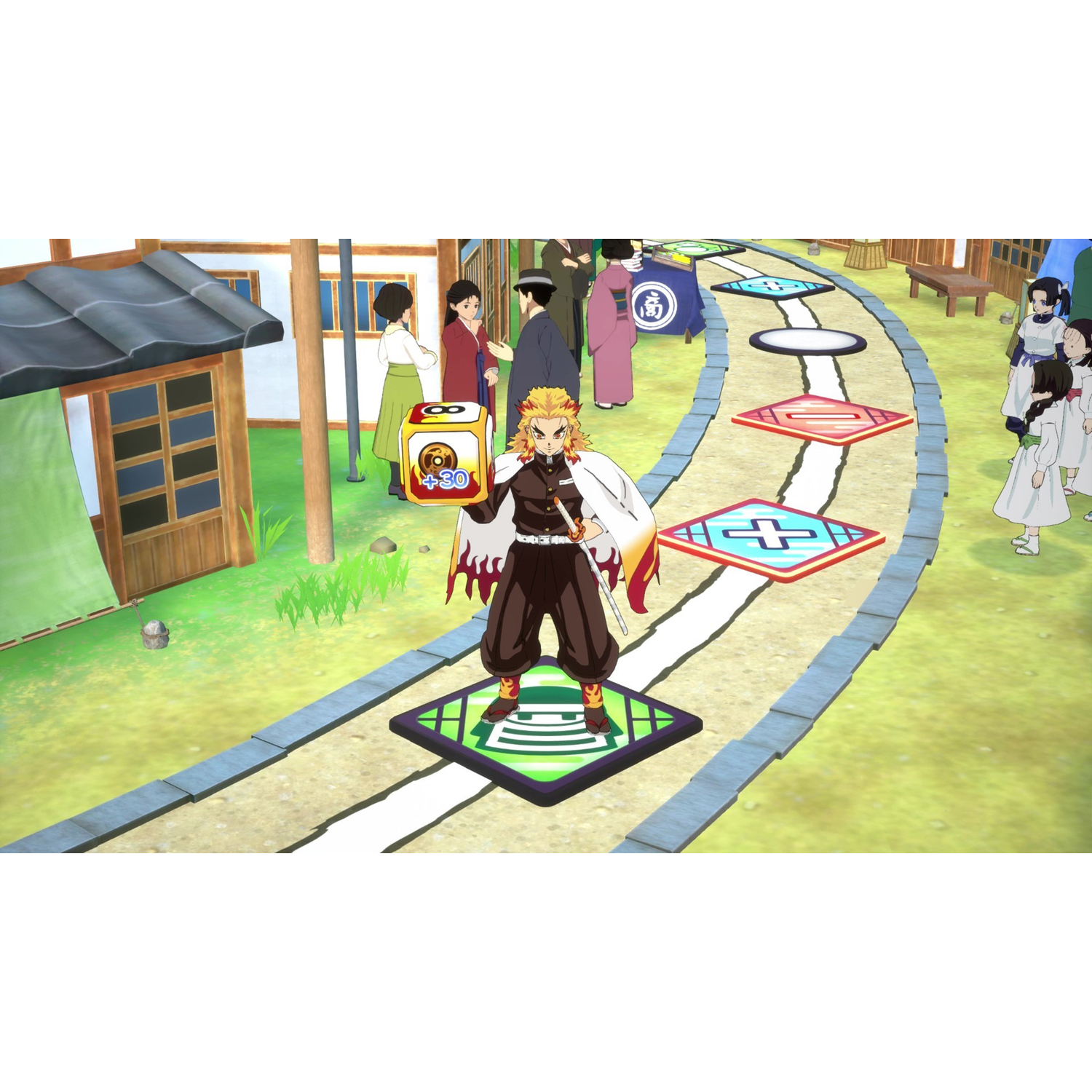 Anime-game scene: Personage met dobbelstenen, andere personages en bordspelopstelling.