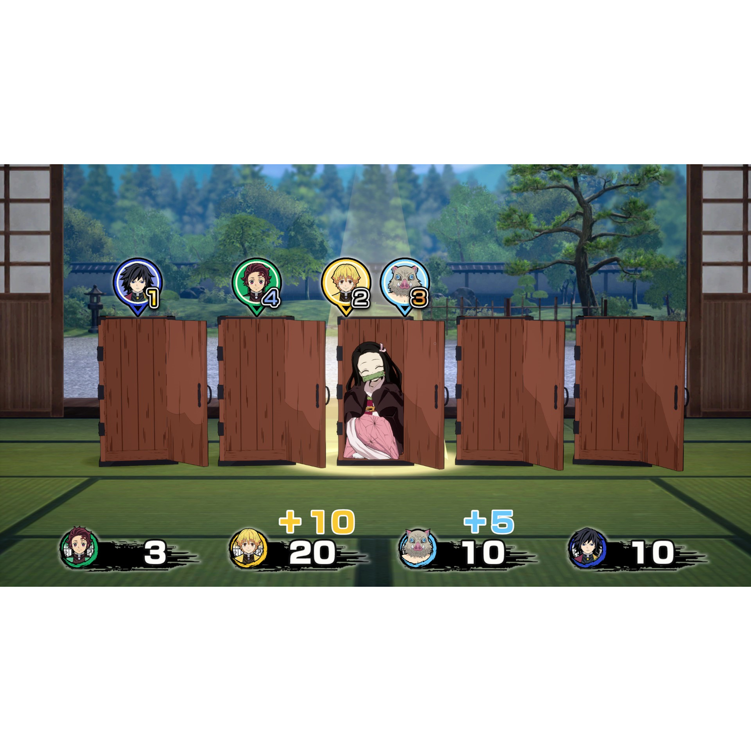 Game-screenshot met verschillende personages voor houten deuren.